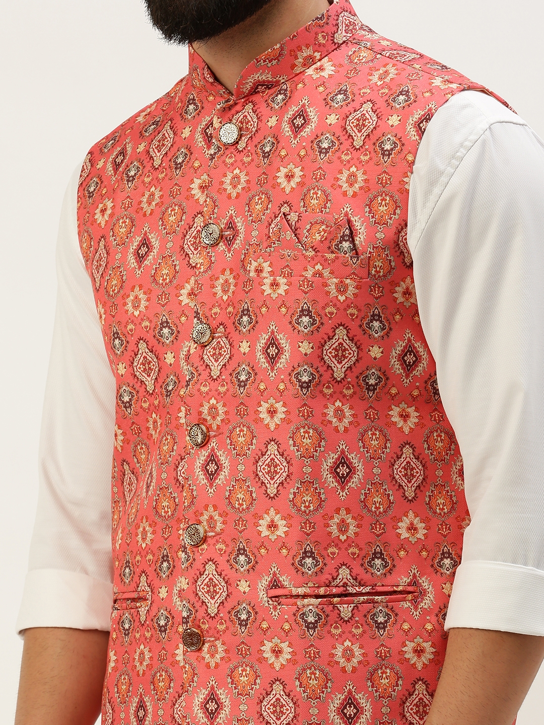 Showoff | SHOWOFF Men's Printed Mandarin Collar Coral Nehru Jacket 5