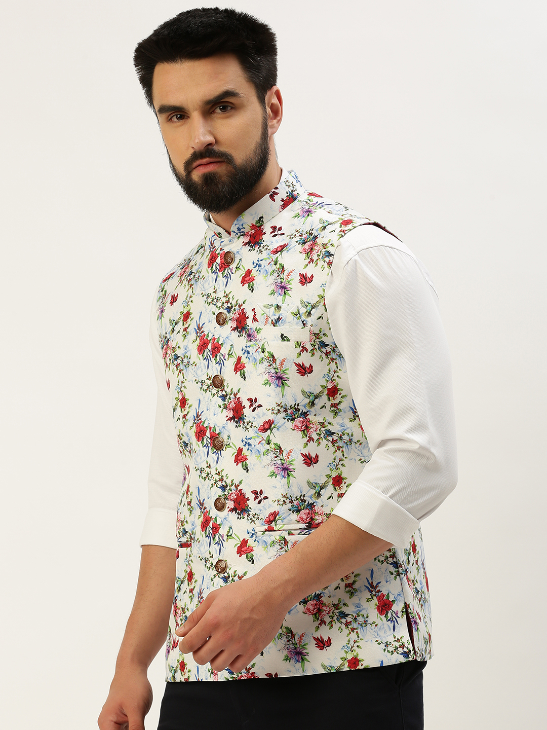 SHOWOFF Men's Printed Mandarin Collar Multi Nehru Jacket