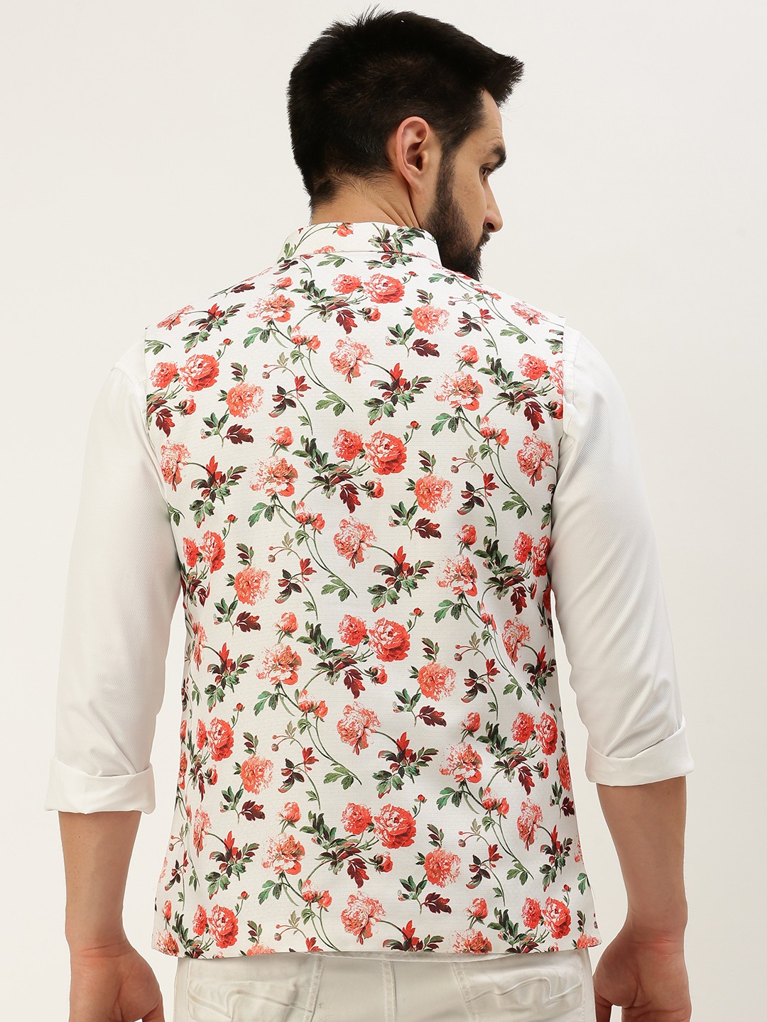 SHOWOFF Men's Printed Mandarin Collar White Nehru Jacket