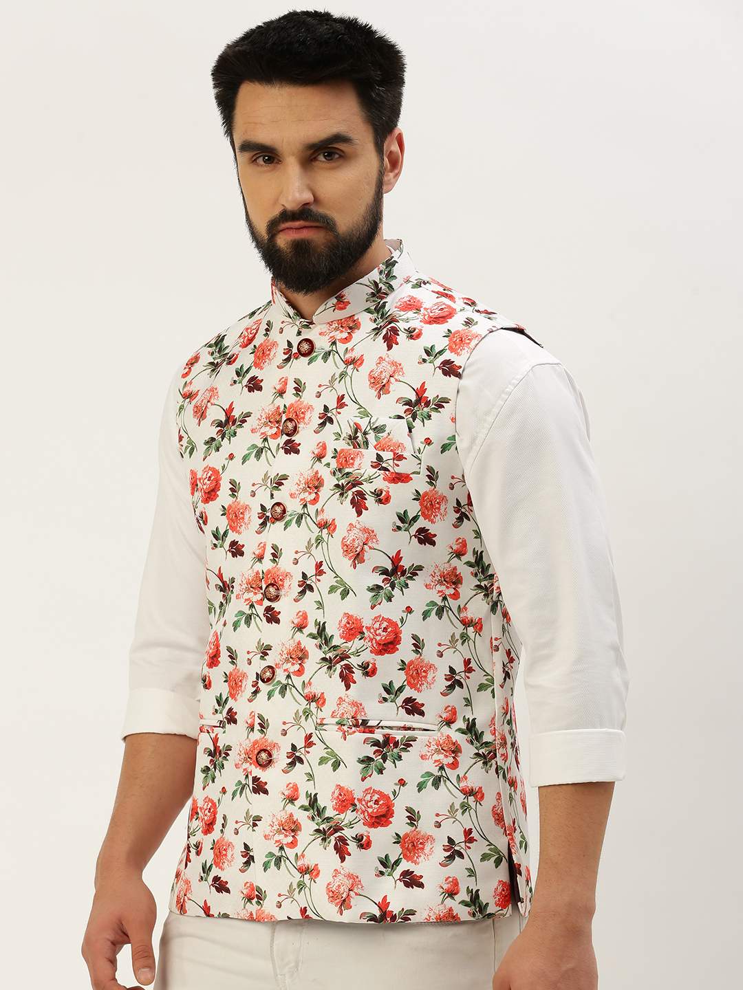 SHOWOFF Men's Printed Mandarin Collar White Nehru Jacket