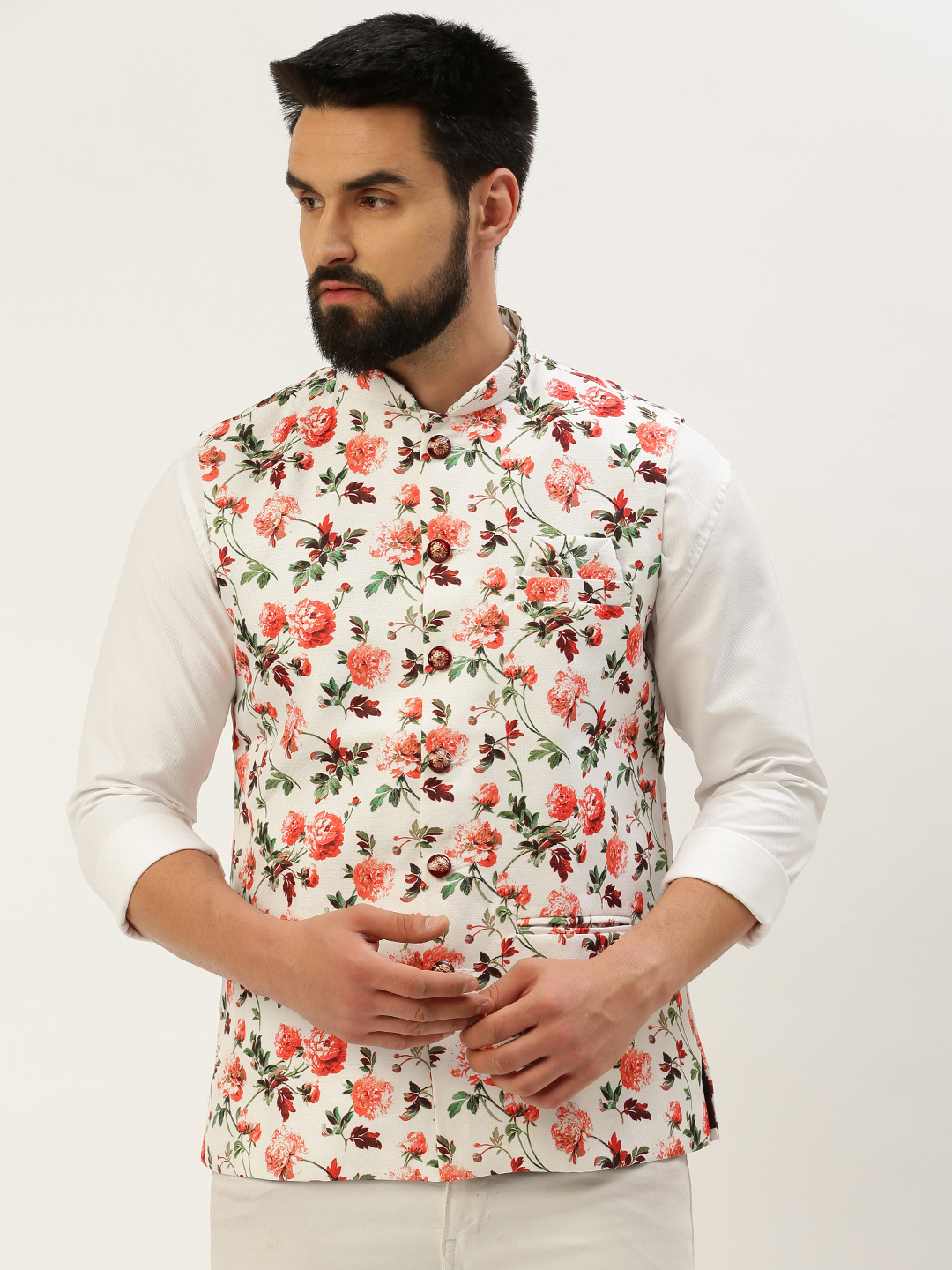 SHOWOFF Men's Printed Mandarin Collar White Nehru Jacket