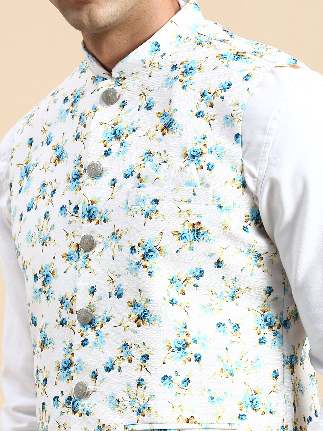 Showoff | SHOWOFF Men's Printed Mandarin Collar White Nehru Jacket 5