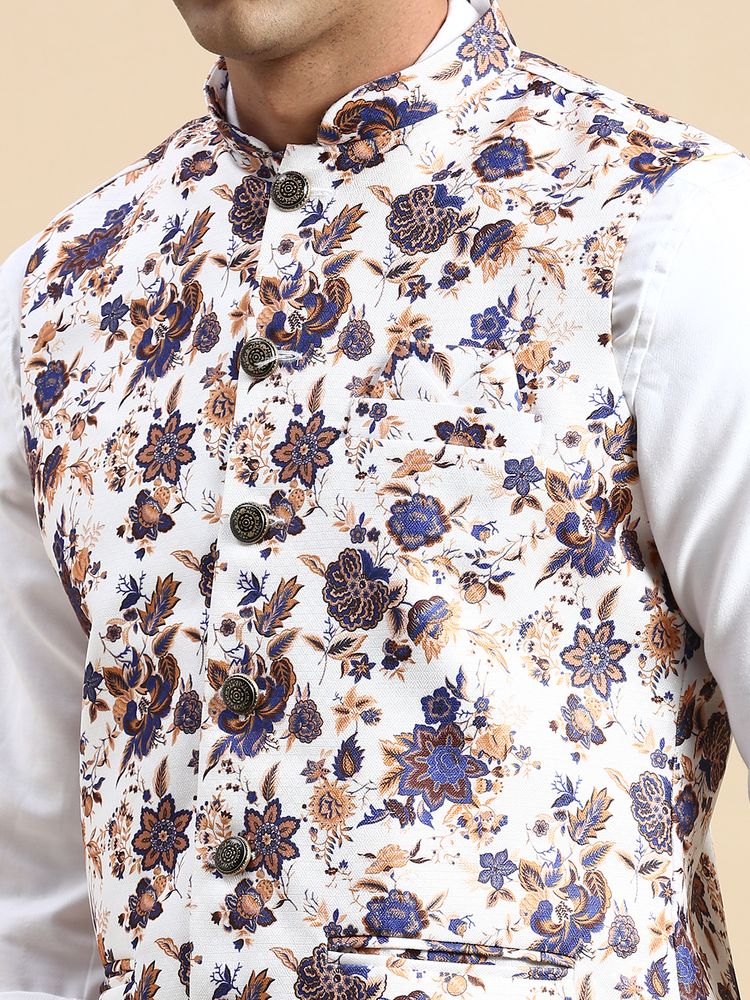SHOWOFF Men's Printed Mandarin Collar White Nehru Jacket