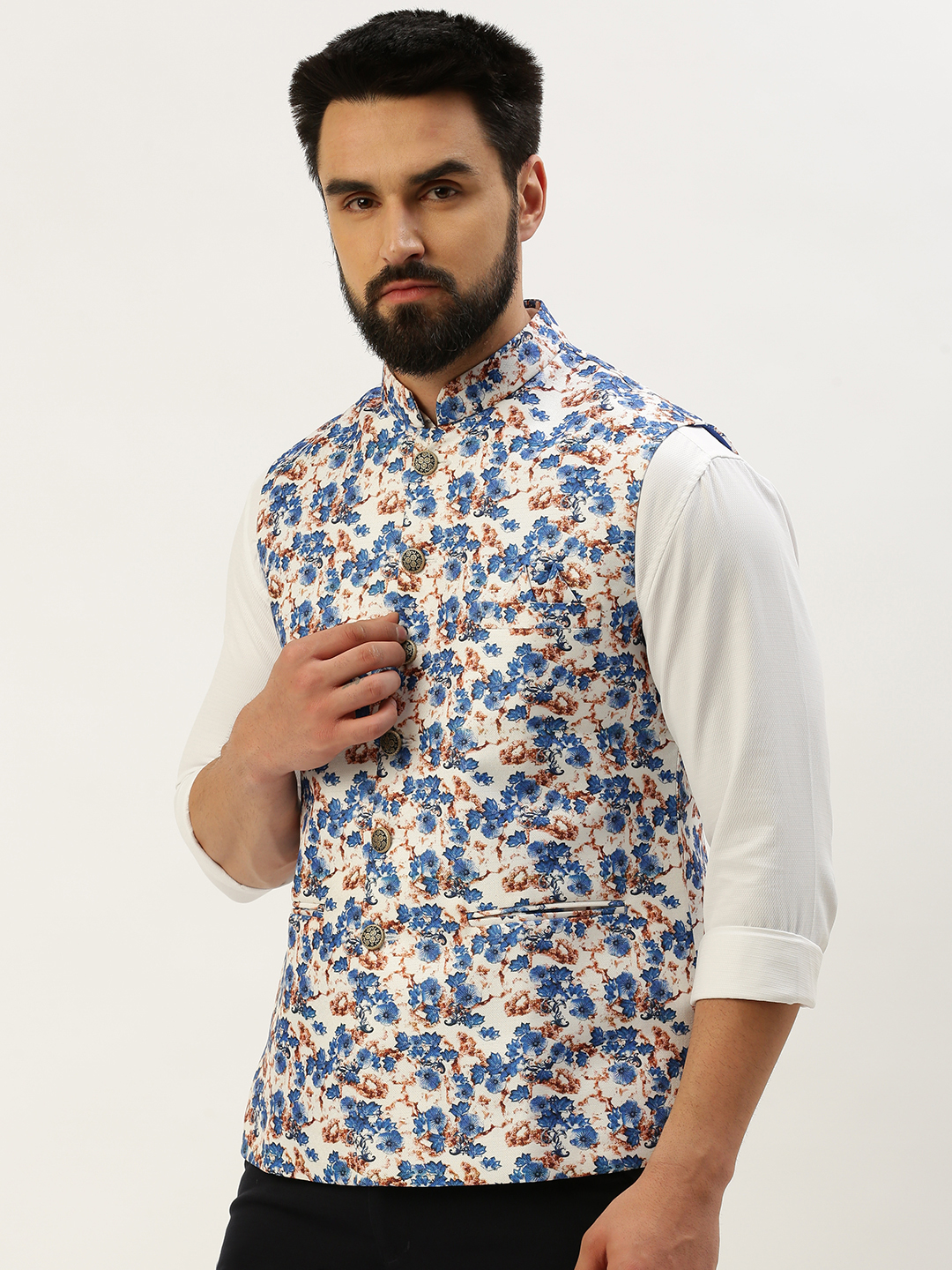 SHOWOFF Men's Printed Mandarin Collar Blue Nehru Jacket