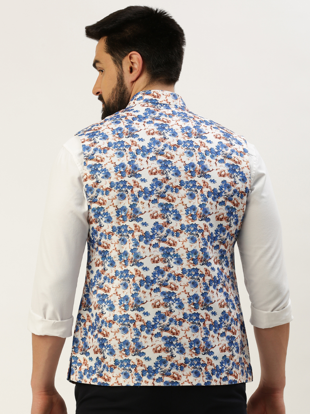SHOWOFF Men's Printed Mandarin Collar Blue Nehru Jacket