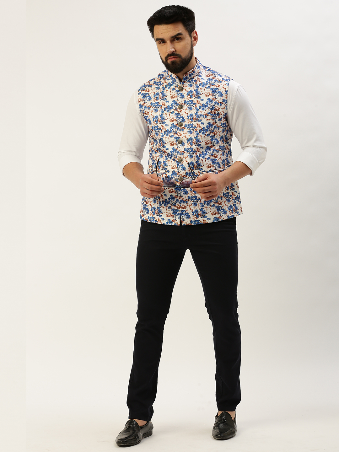 SHOWOFF Men's Printed Mandarin Collar Blue Nehru Jacket
