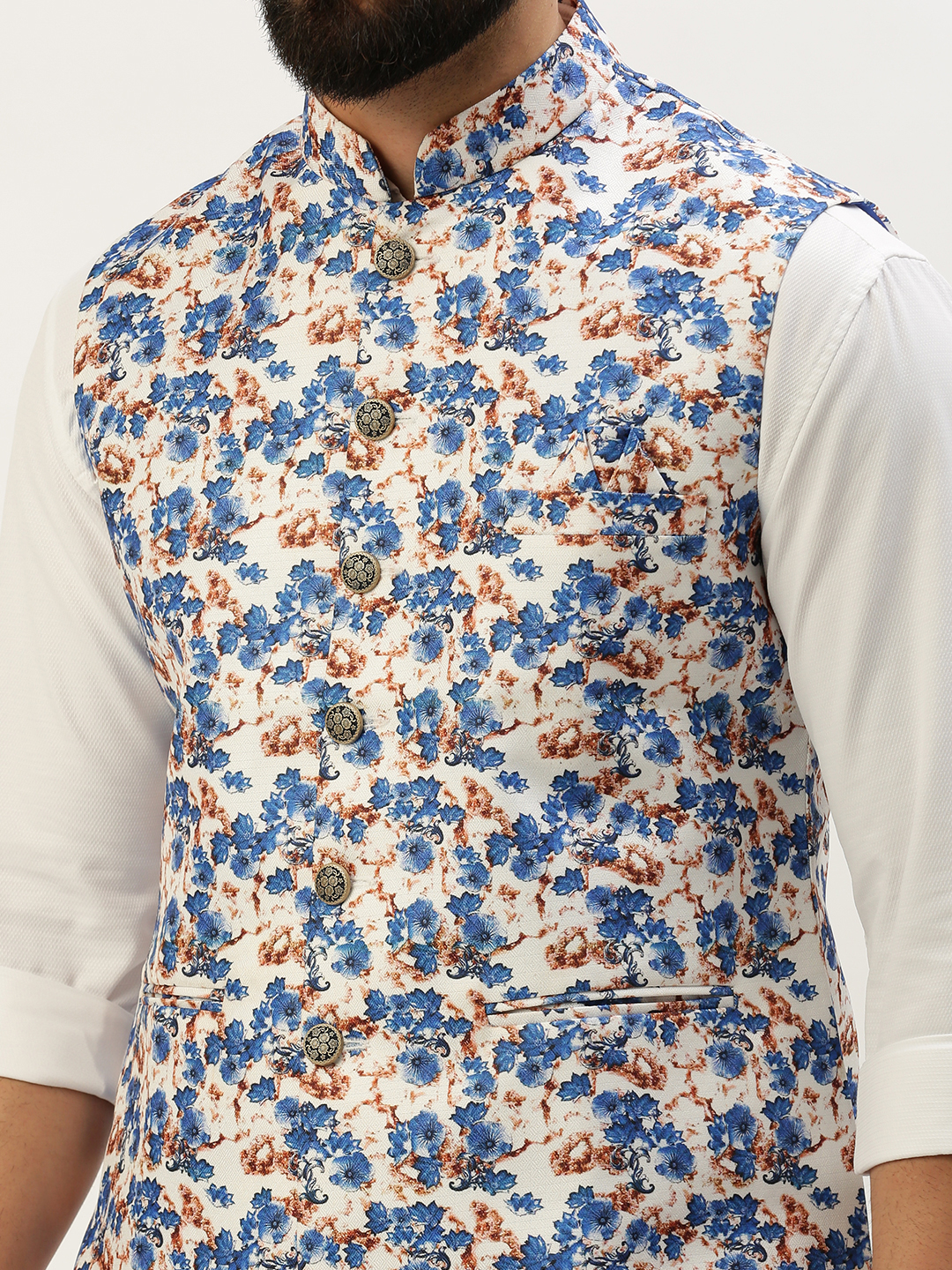 SHOWOFF Men's Printed Mandarin Collar Blue Nehru Jacket