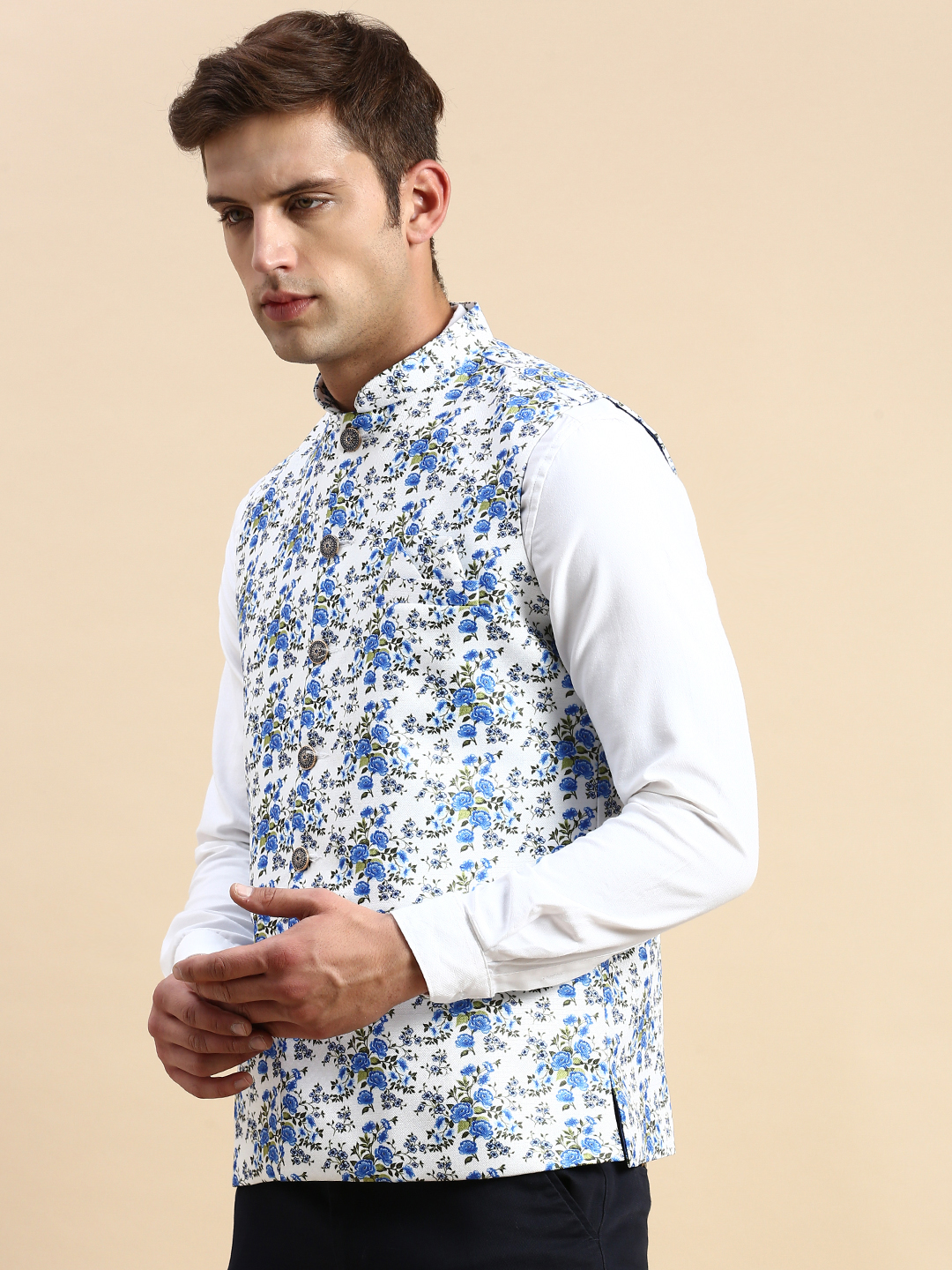 SHOWOFF Men's Printed Mandarin Collar White Nehru Jacket