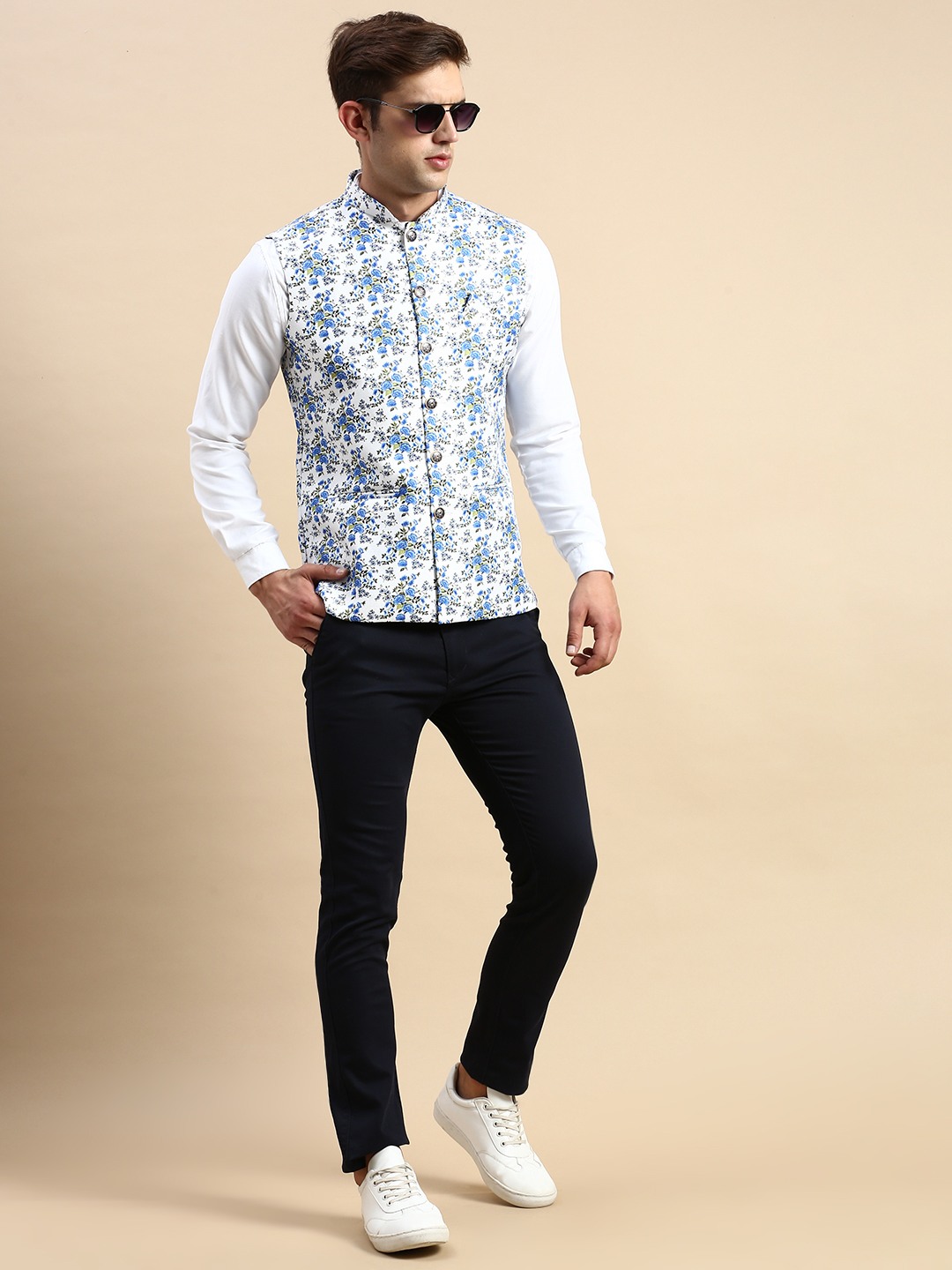 SHOWOFF Men's Printed Mandarin Collar White Nehru Jacket