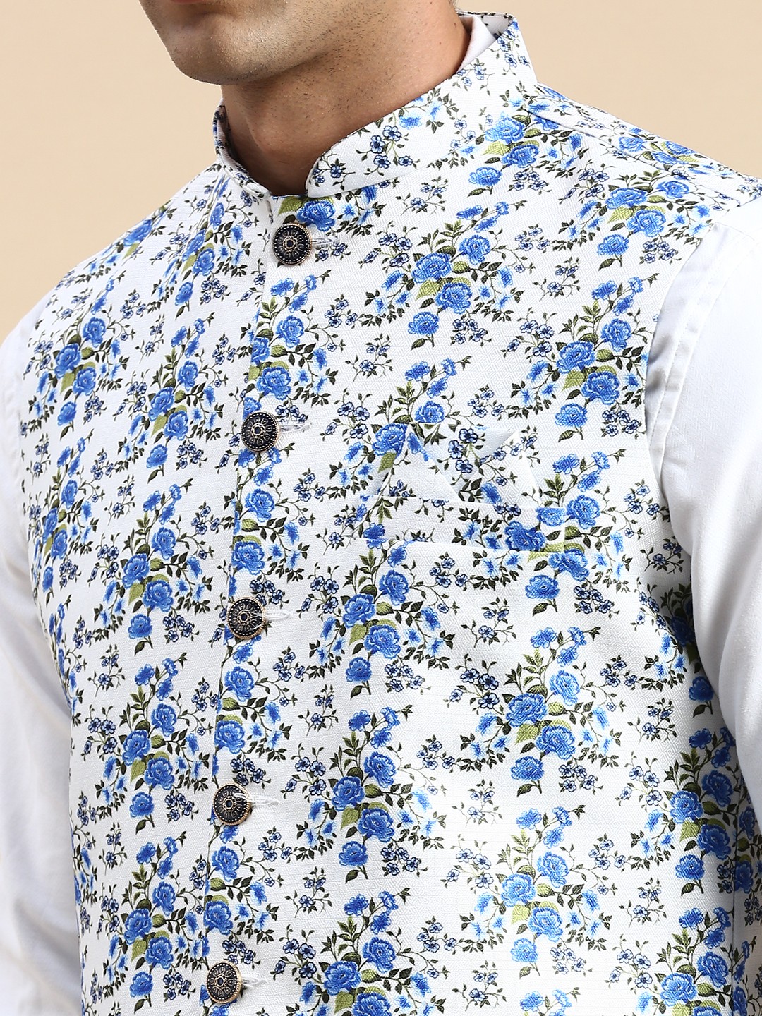 SHOWOFF Men's Printed Mandarin Collar White Nehru Jacket