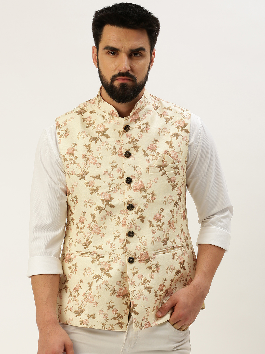 SHOWOFF Men's Printed Mandarin Collar Cream Nehru Jacket