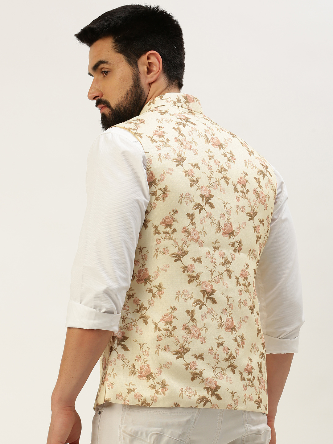 SHOWOFF Men's Printed Mandarin Collar Cream Nehru Jacket