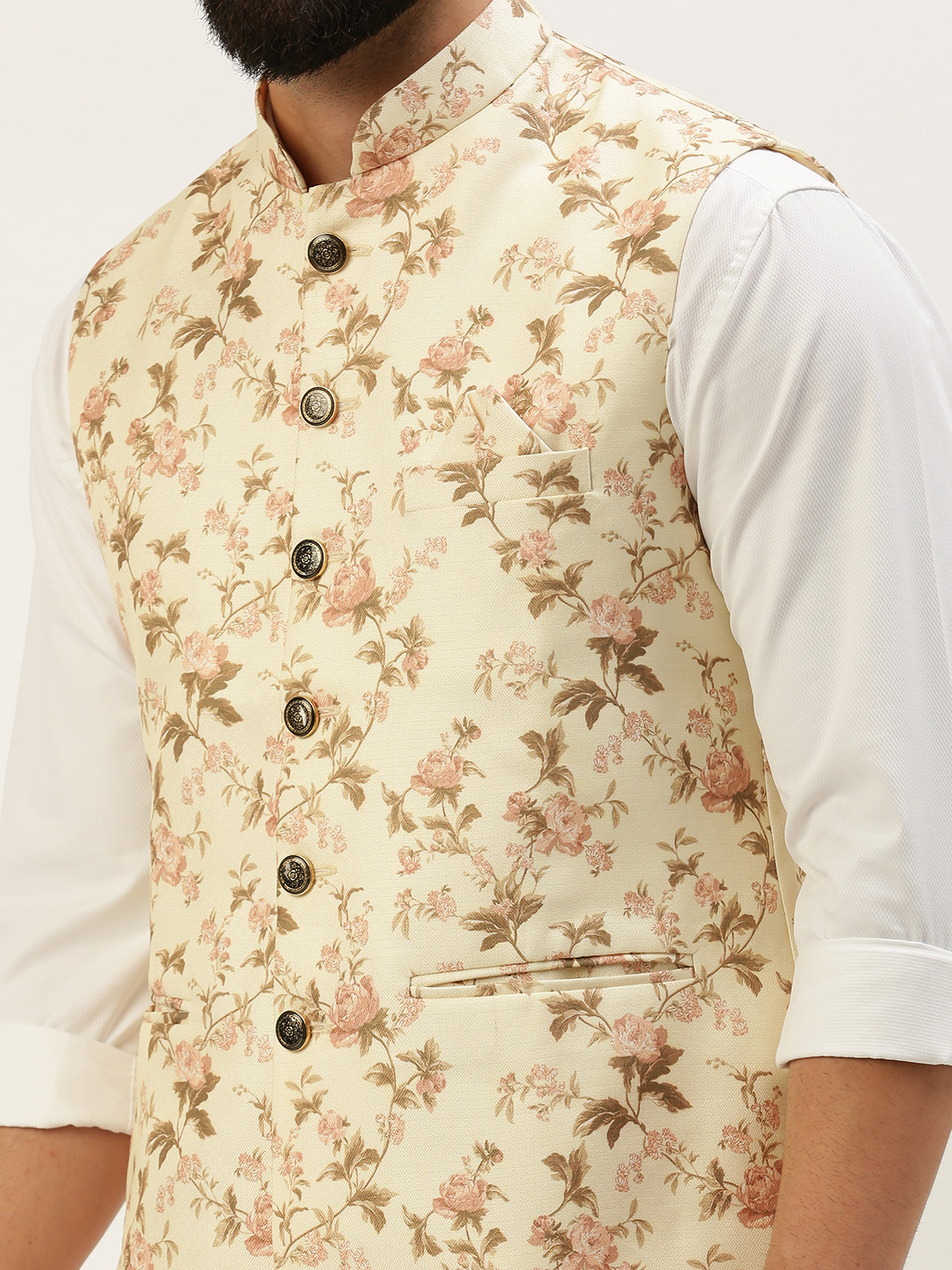 SHOWOFF Men's Printed Mandarin Collar Cream Nehru Jacket