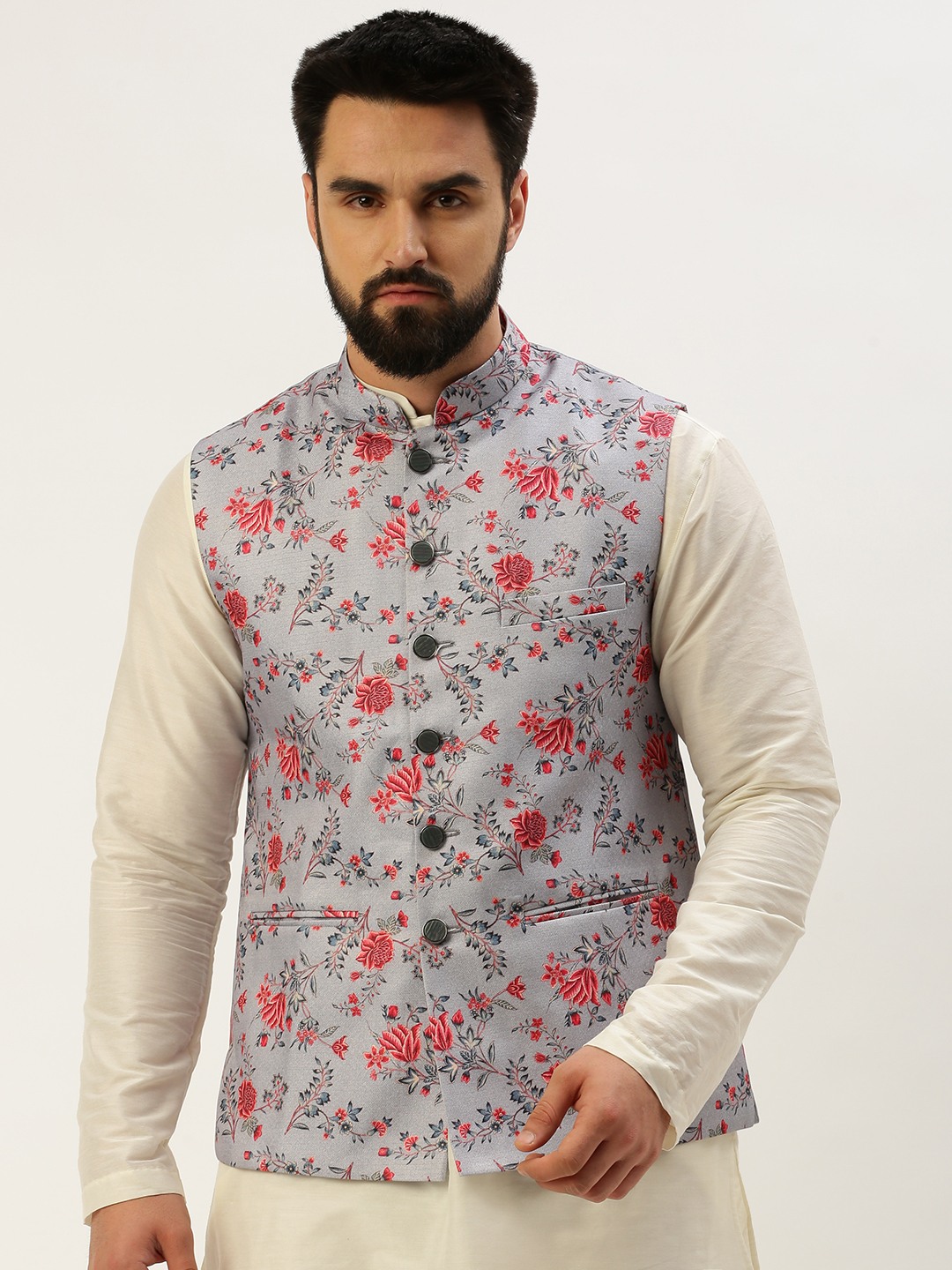 SHOWOFF Men's Printed Mandarin Collar Grey Nehru Jacket