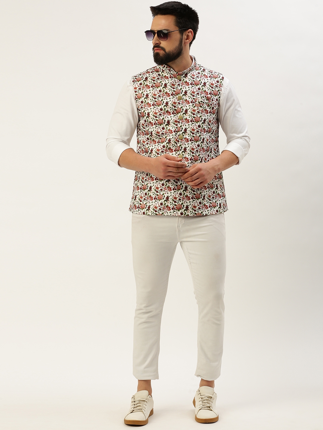 Showoff | SHOWOFF Men's Printed Mandarin Collar White Nehru Jacket 4