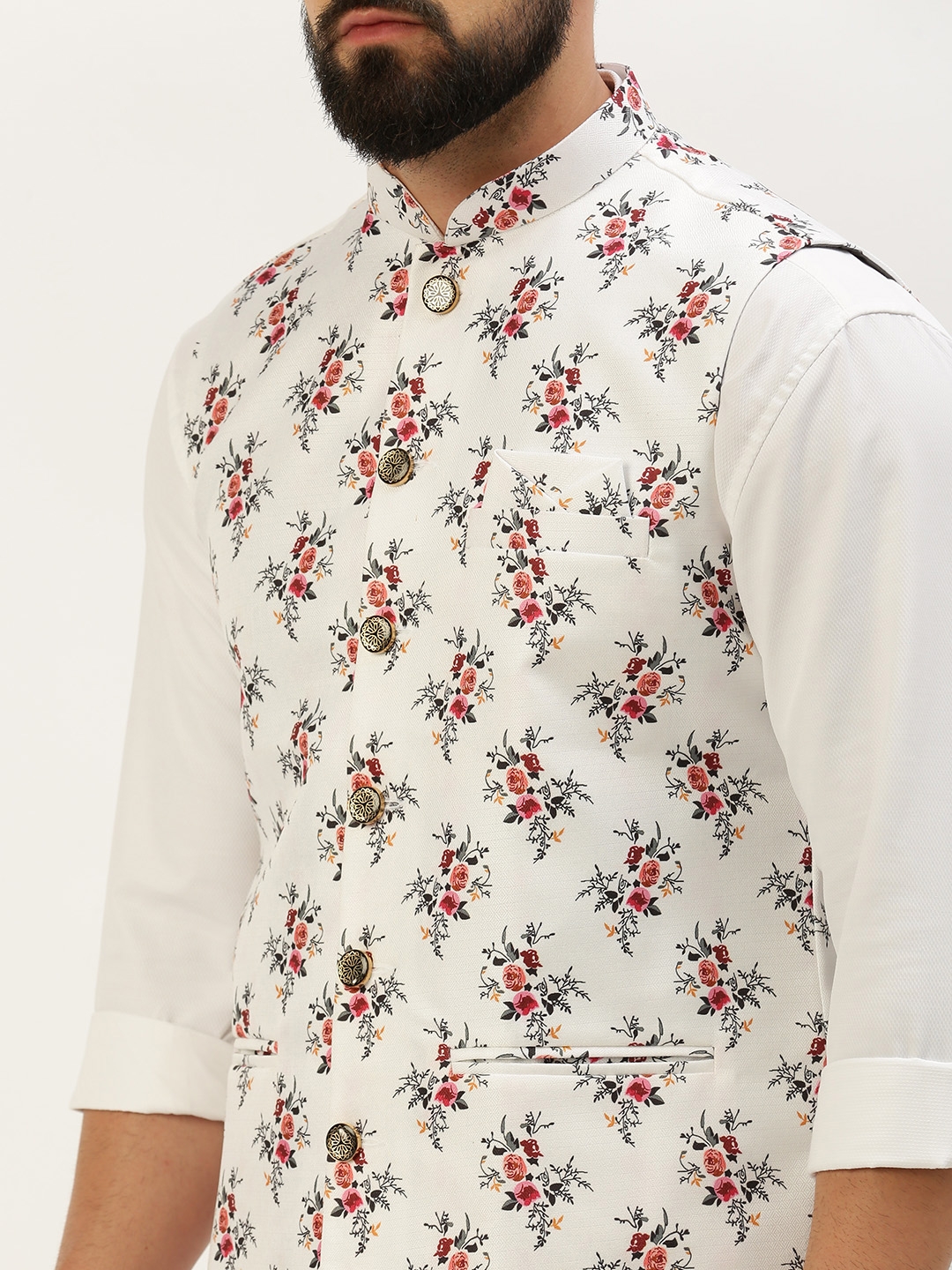 Showoff | SHOWOFF Men's Printed Mandarin Collar White Nehru Jacket 5