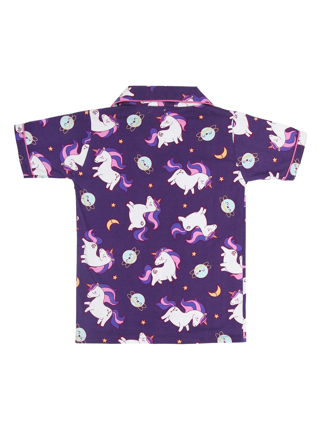 Ninos Dreams Lapel Girls Night Suit with Shorts Unicorn Printed Half Sleeves-Purple