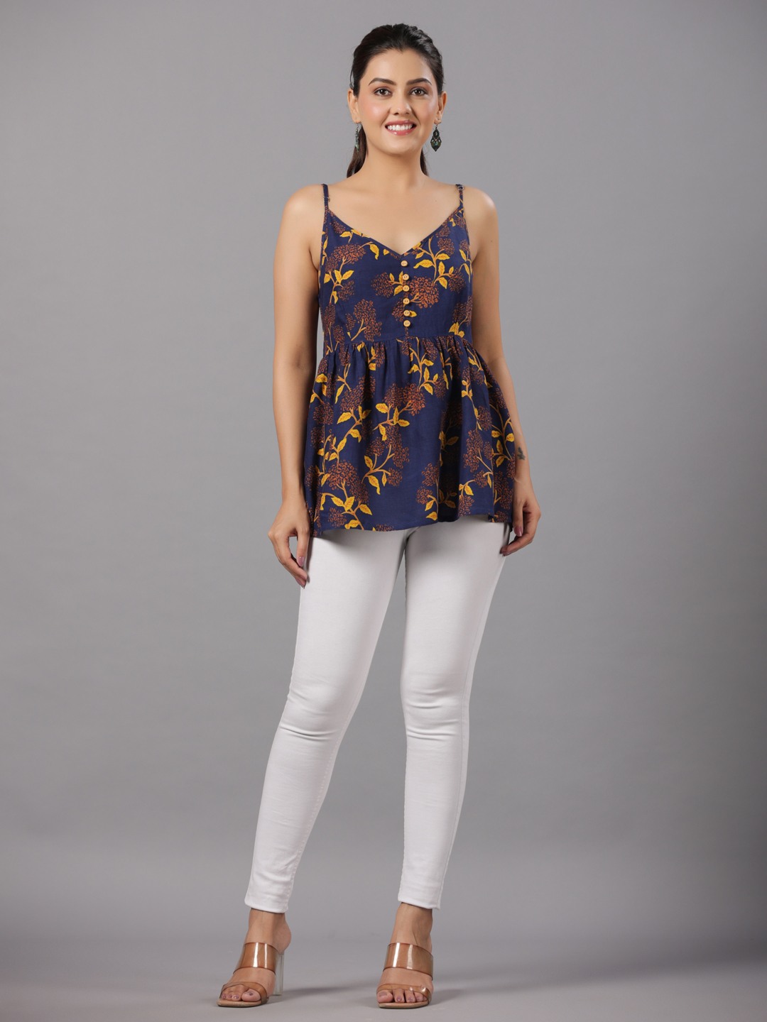 RAYON PRINTED FLARED STRAPPY TOP