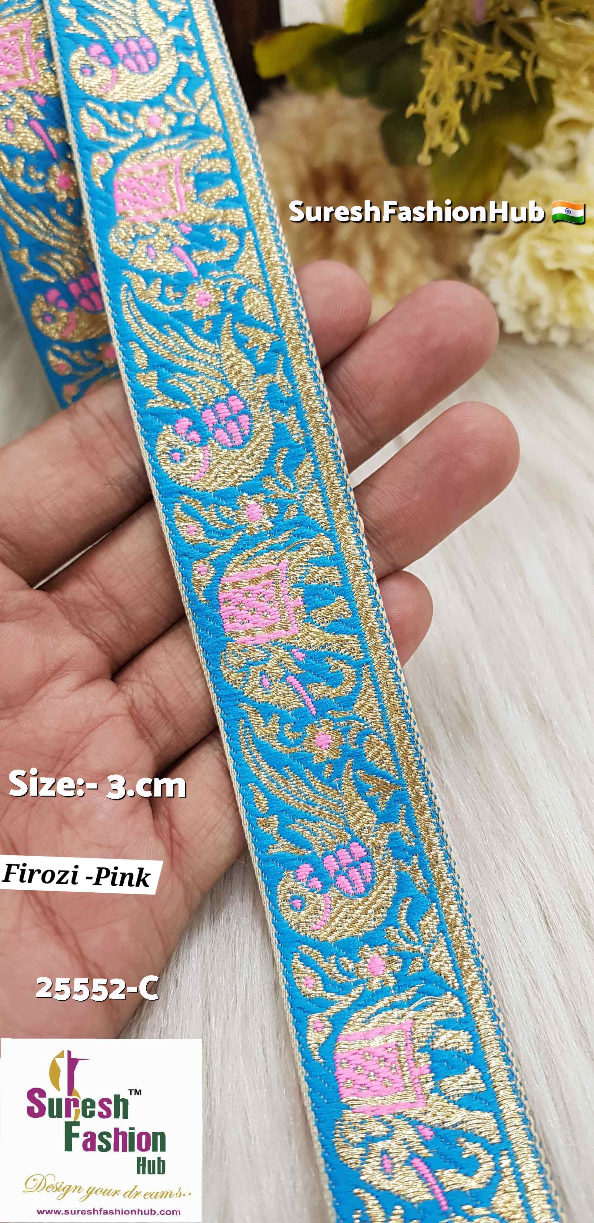 Firozi & Pink Color Elephant Parrot Banarasi Lace
