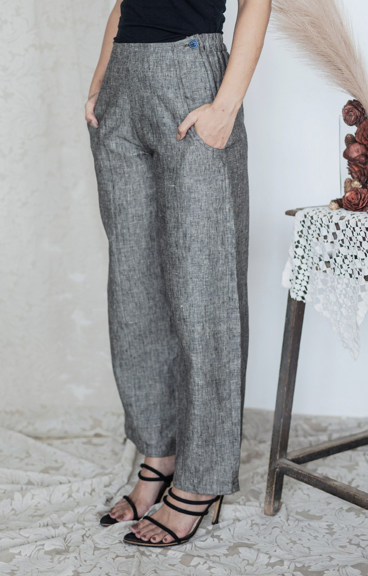 Women's Grey Linen Melange Trousers