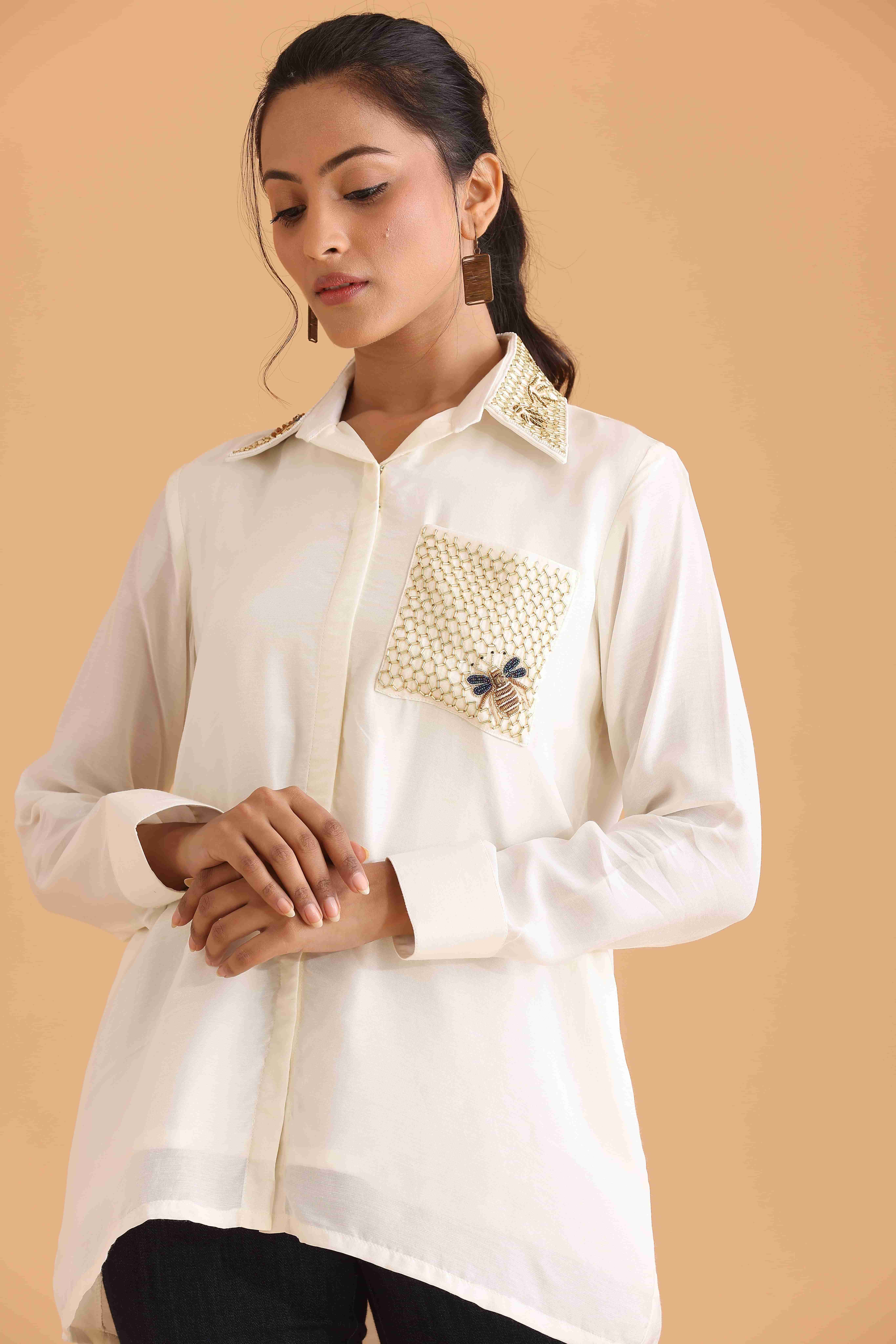 White Shirt with Bee and Pearl Embellishments
