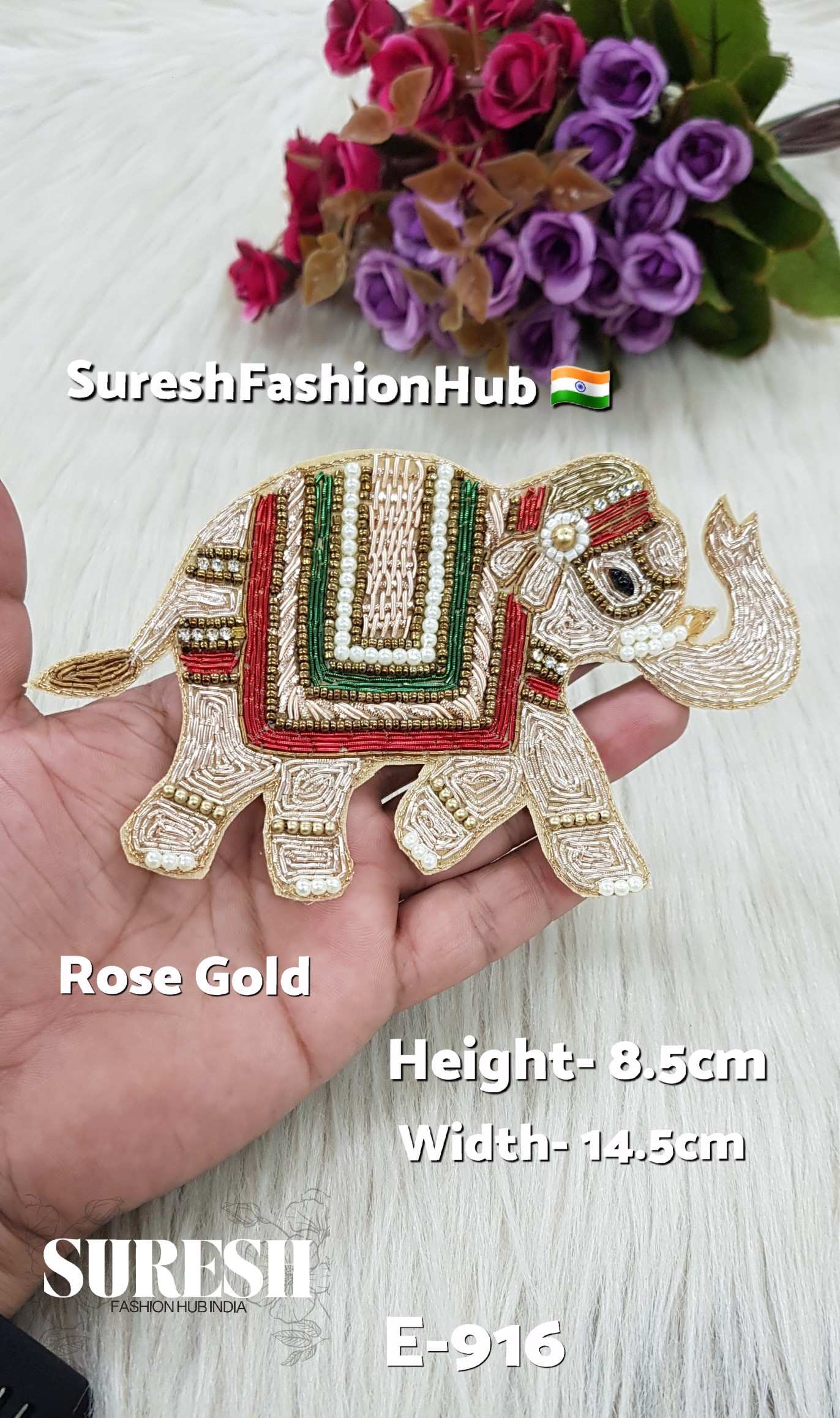 Handmade Elephant Patch – Right Side Pearl Gold – Design No. E-916