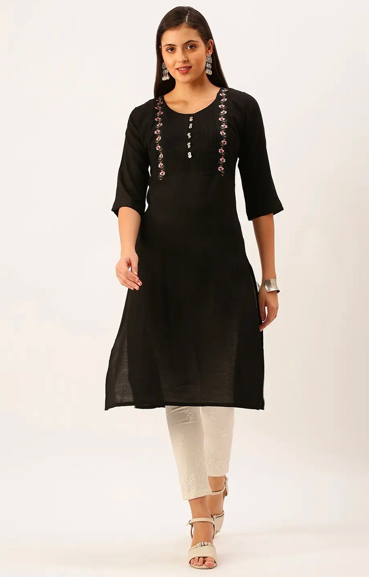 Showoff | SHOWOFF Women Black Solid Round Neck Three-Quarter Sleeves Mid Length Straight Kurta 0