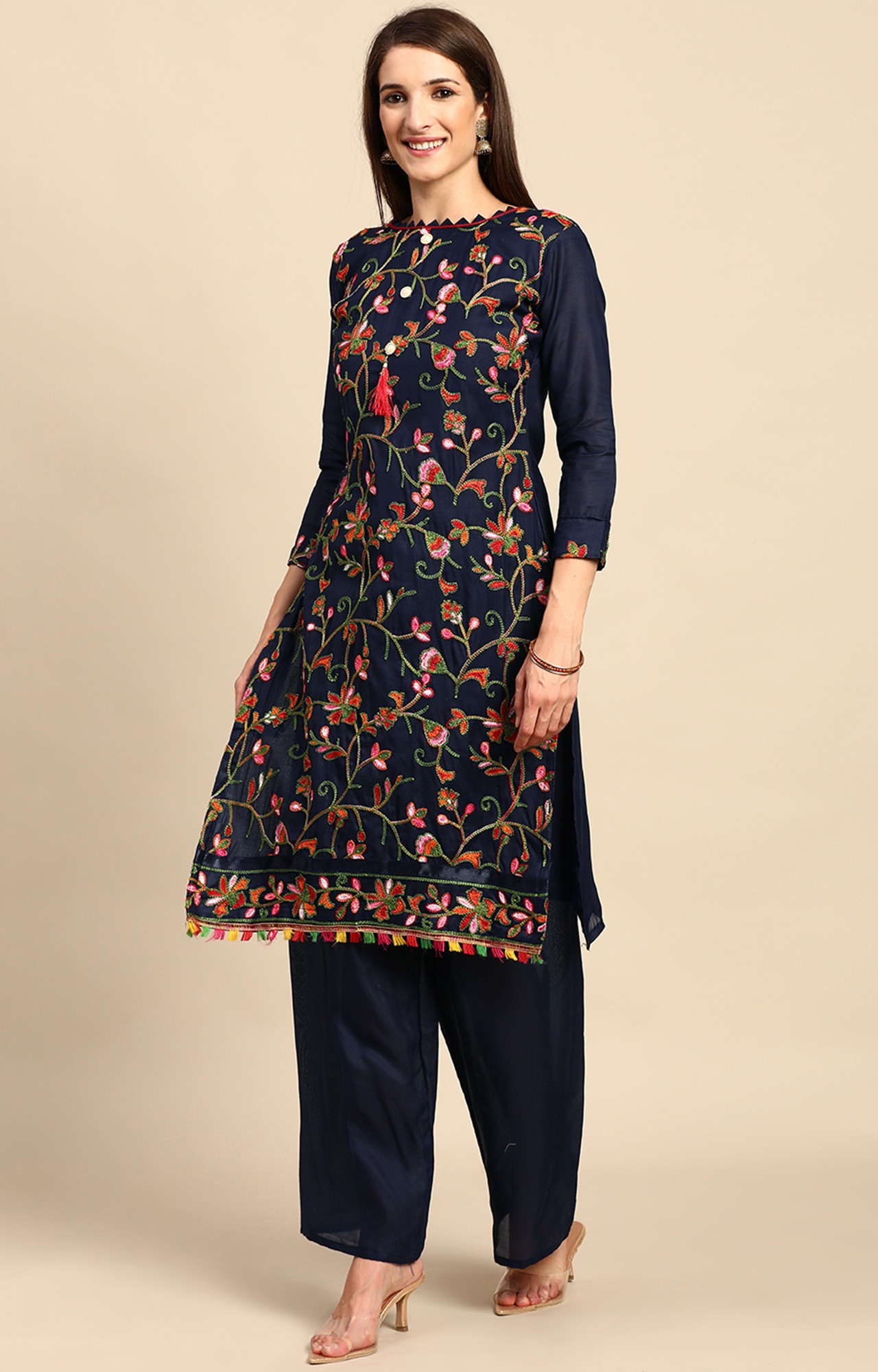 Shaily Women Navy Blue Color Cotton Embroidered With Tessels Unstitched Dress Material-VF_LILY_NBLUE_DM