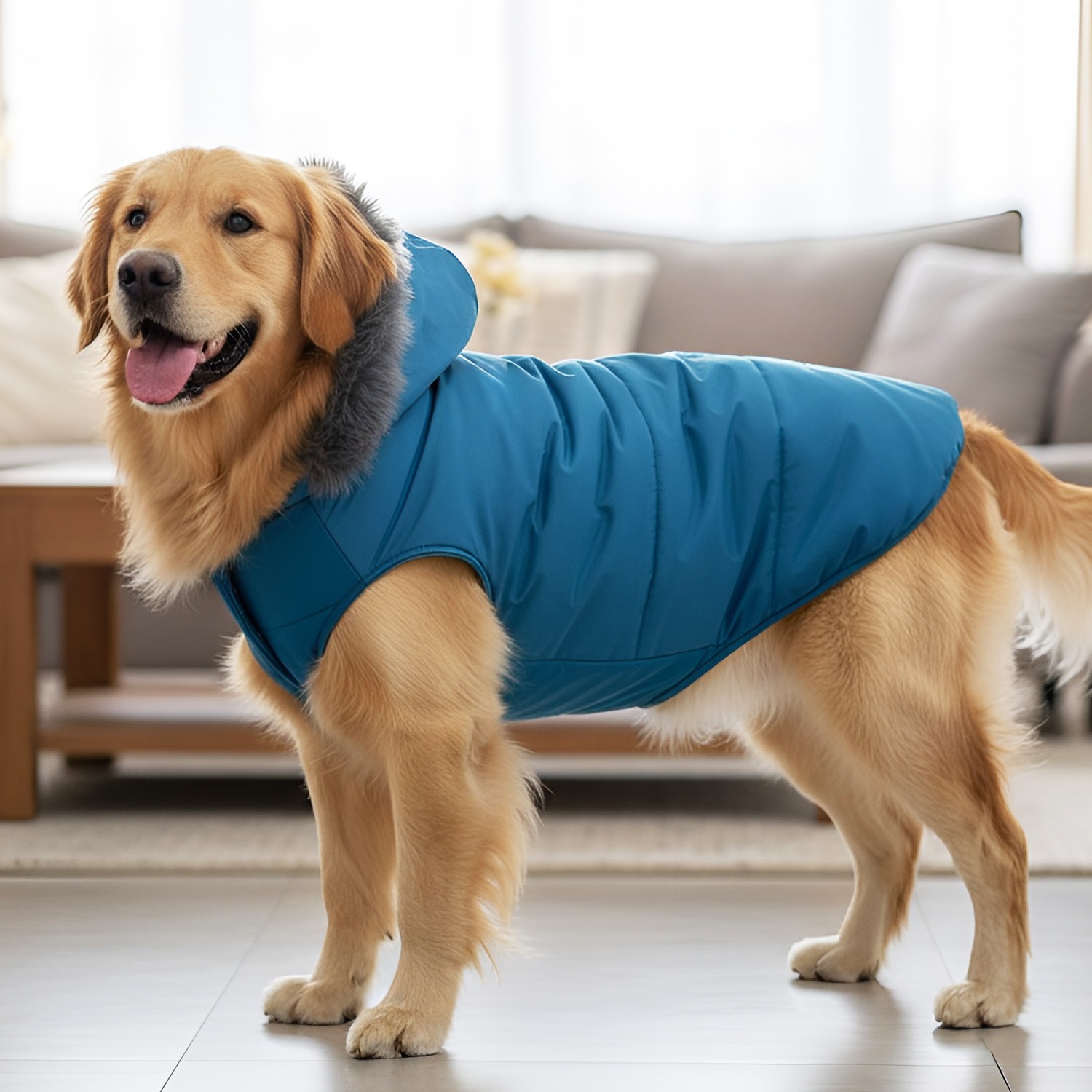 Ezra Fur Winter Jacket for Dogs, Cozy, Ultra Warm, and Water Resistant with Velcro Closure (Blue)