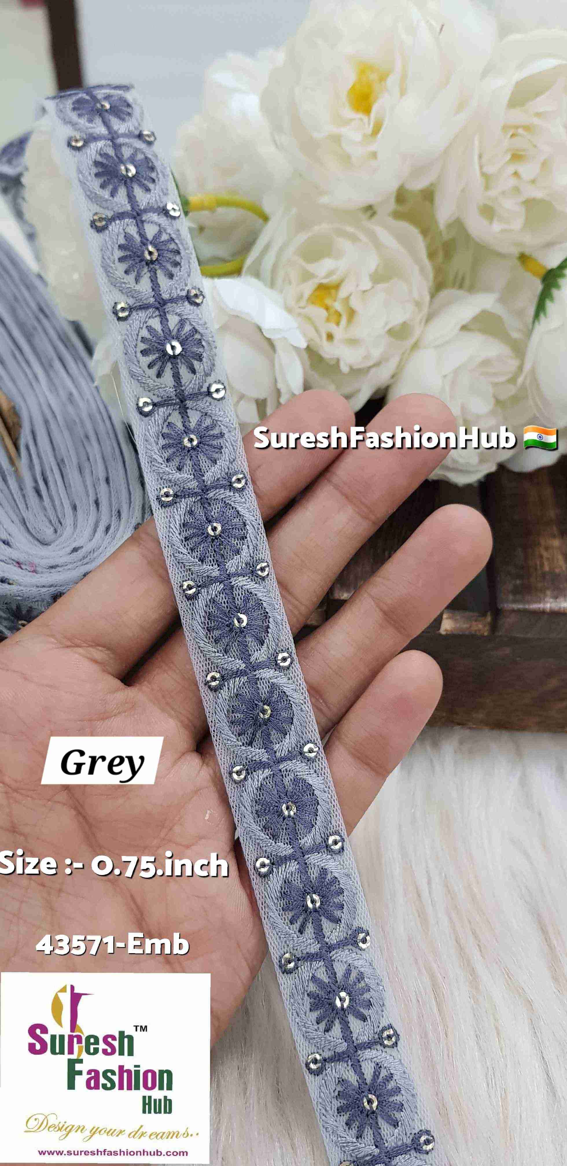 Grey  Color Floral Circles Embroidery Lace