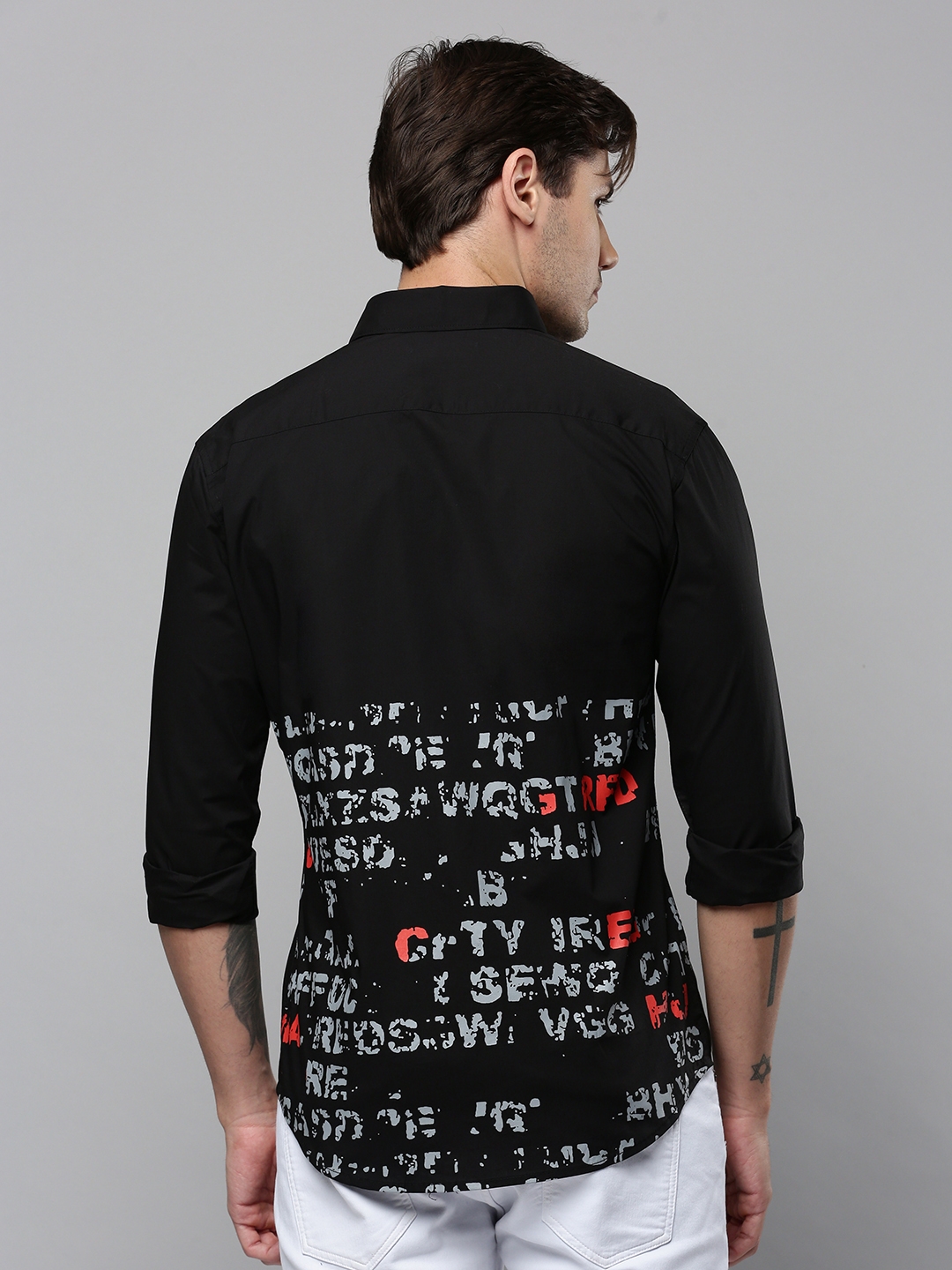 Showoff | SHOWOFF Men's Spread Collar Long Sleeves Printed Black Shirt 3