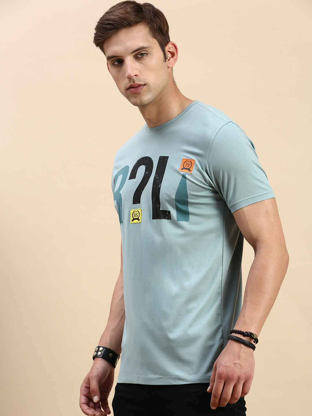 SHOWOFF Men's Round Neck Short Sleeves Typography Sea Green Slim Fit T-Shirt