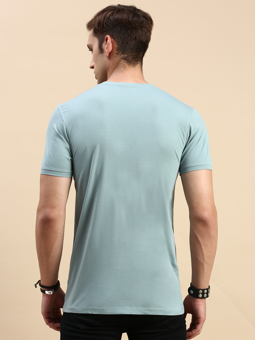 SHOWOFF Men's Round Neck Short Sleeves Typography Sea Green Slim Fit T-Shirt