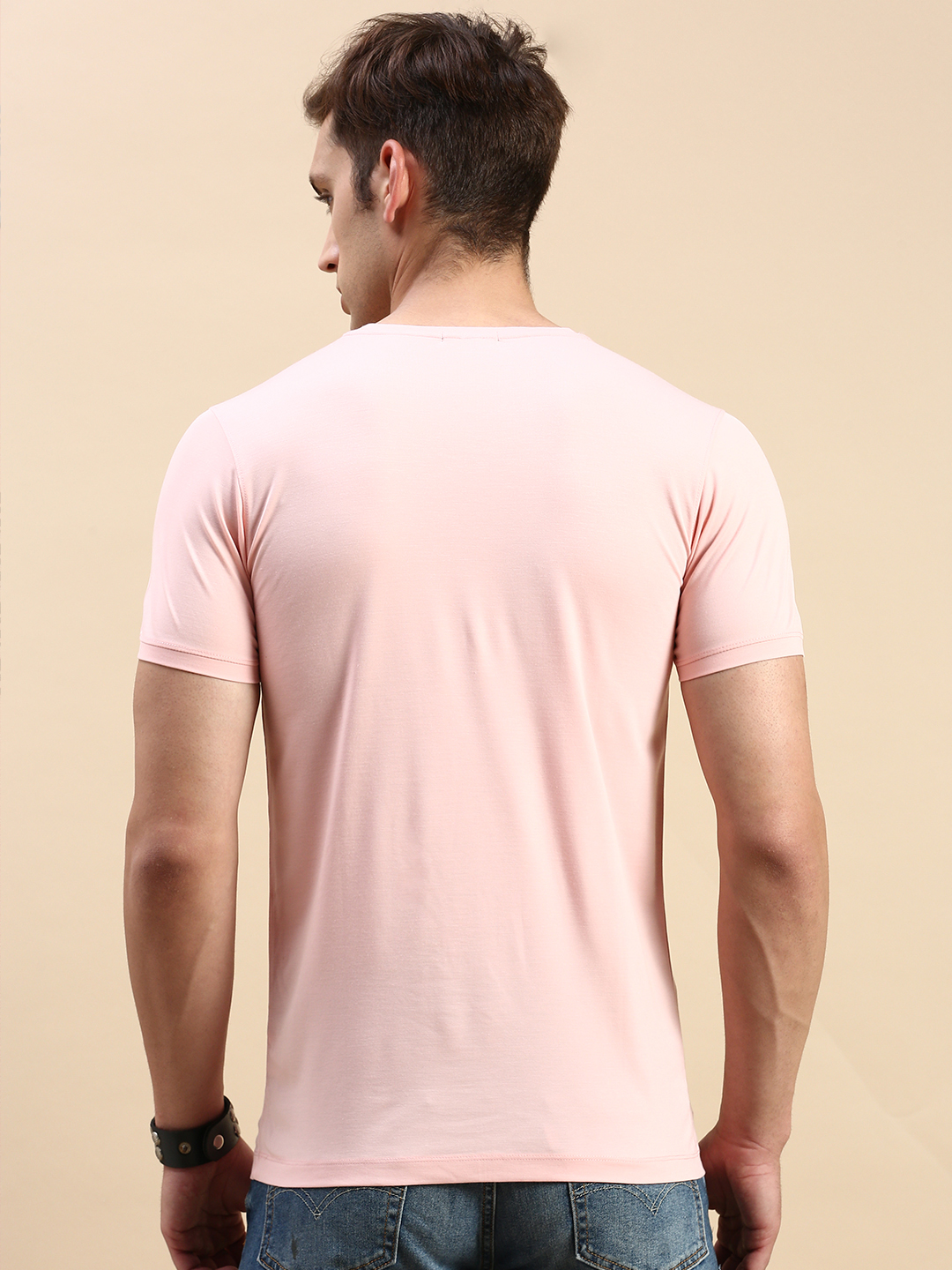 SHOWOFF Men's Round Neck Short Sleeves Typography Pink Slim Fit T-Shirt
