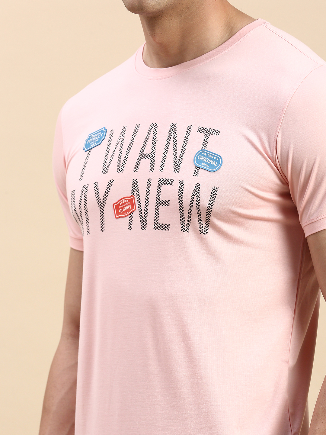 SHOWOFF Men's Round Neck Short Sleeves Typography Pink Slim Fit T-Shirt