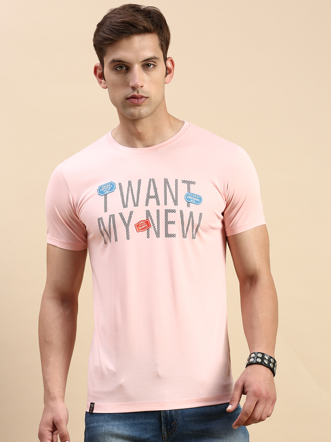 SHOWOFF Men's Round Neck Short Sleeves Typography Pink Slim Fit T-Shirt