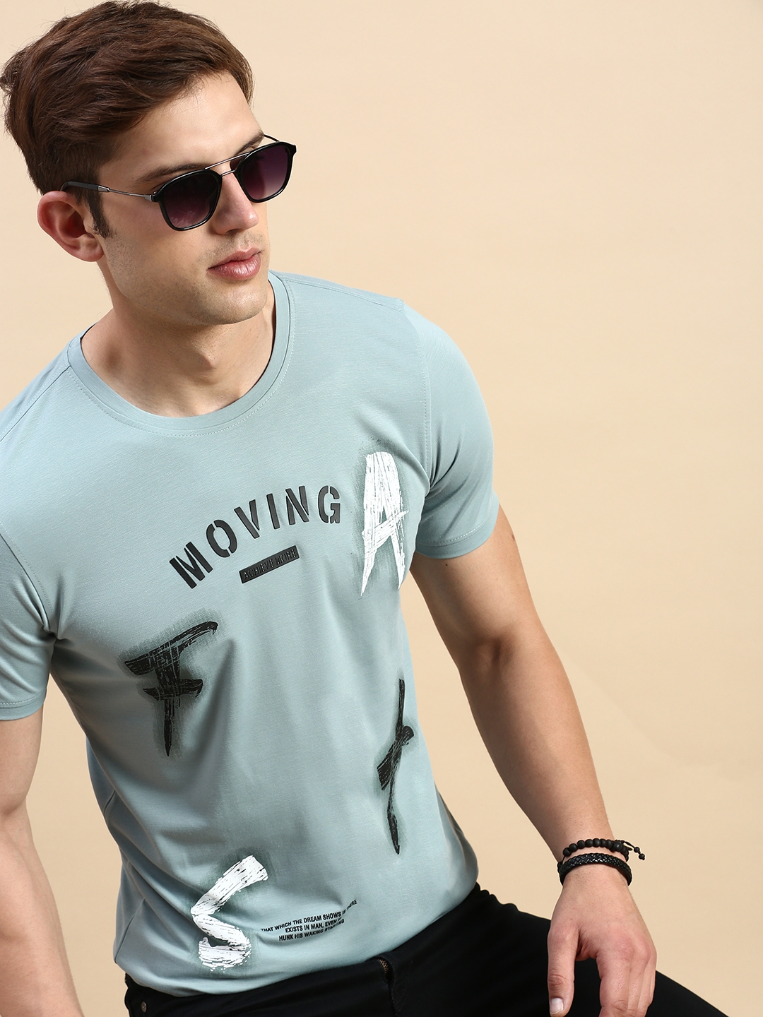 Showoff | SHOWOFF Men's Round Neck Short Sleeves Typography Sea Green Slim Fit T-Shirt 0