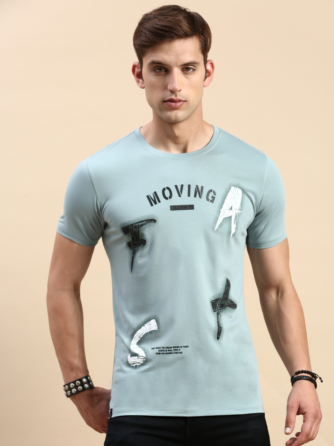 Showoff | SHOWOFF Men's Round Neck Short Sleeves Typography Sea Green Slim Fit T-Shirt 1