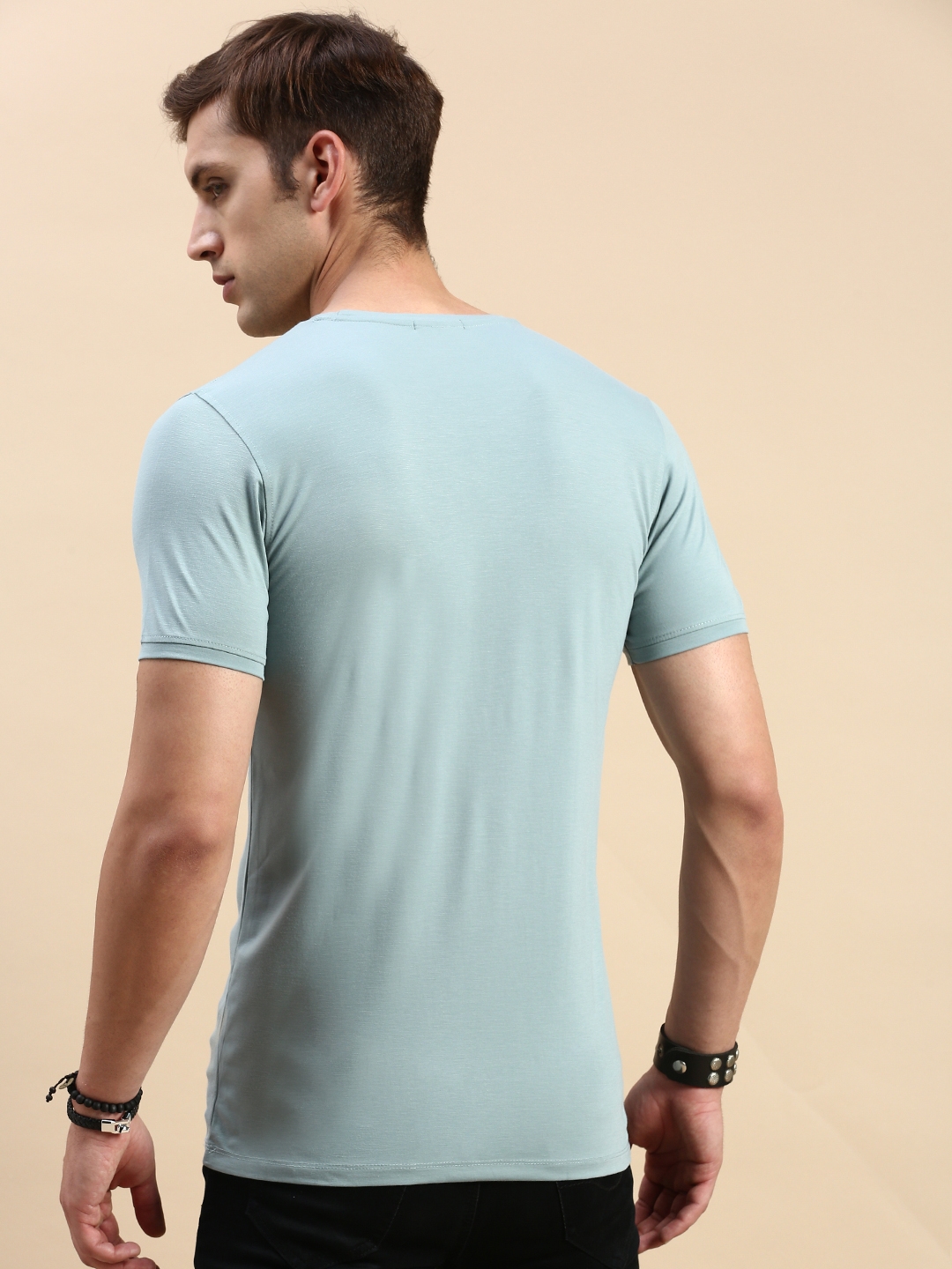 Showoff | SHOWOFF Men's Round Neck Short Sleeves Typography Sea Green Slim Fit T-Shirt 3