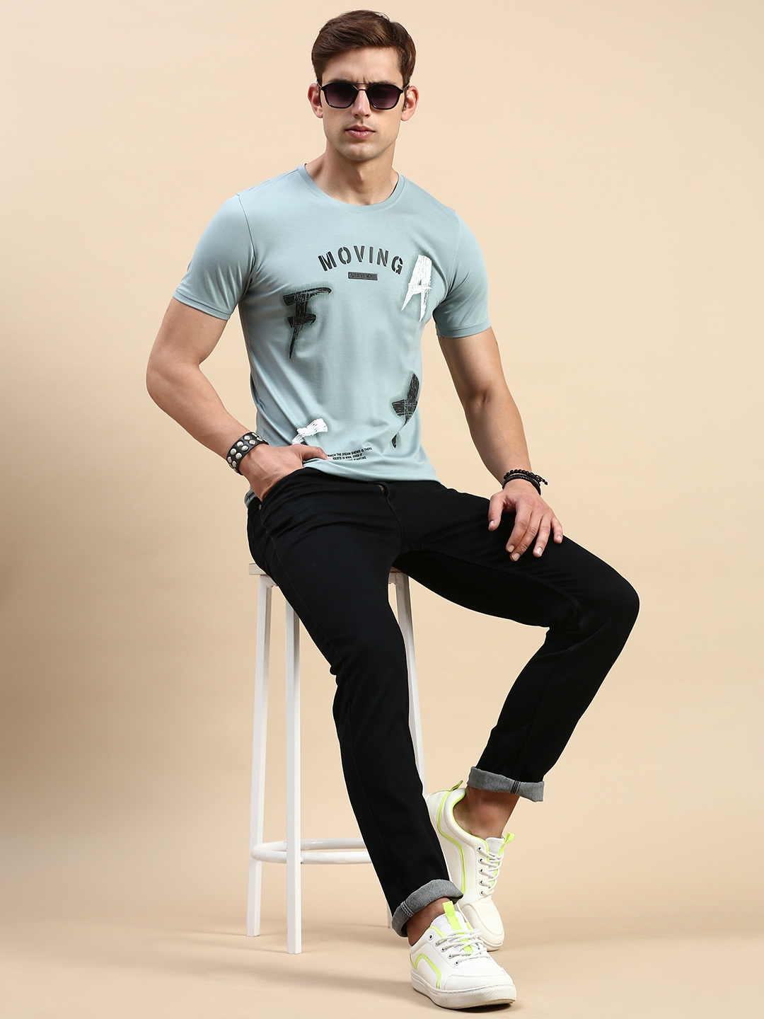 Showoff | SHOWOFF Men's Round Neck Short Sleeves Typography Sea Green Slim Fit T-Shirt 4