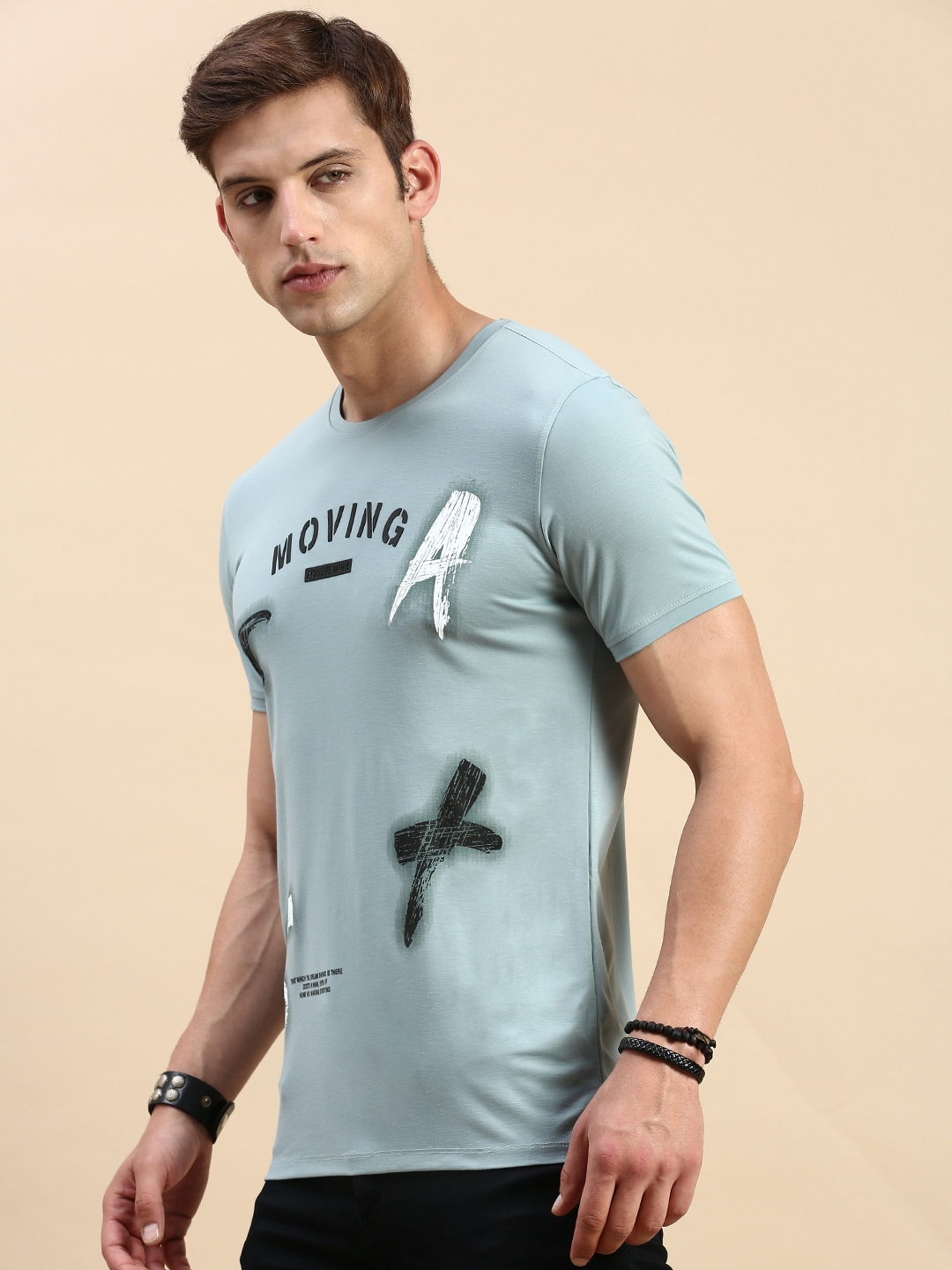 Showoff | SHOWOFF Men's Round Neck Short Sleeves Typography Sea Green Slim Fit T-Shirt 2