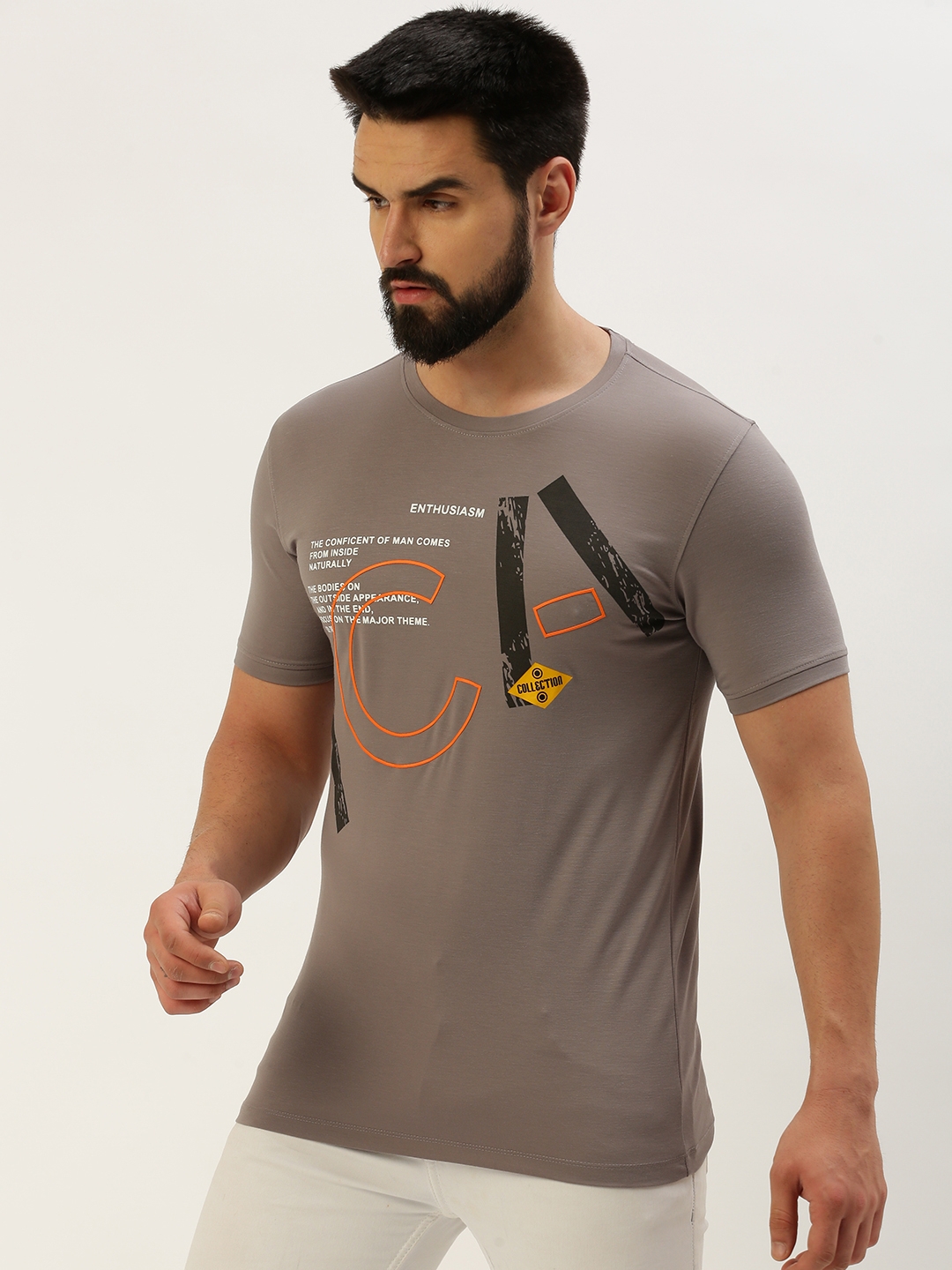 Showoff | SHOWOFF Men's Round Neck Short Sleeves Typography Grey Slim Fit T-Shirt 2