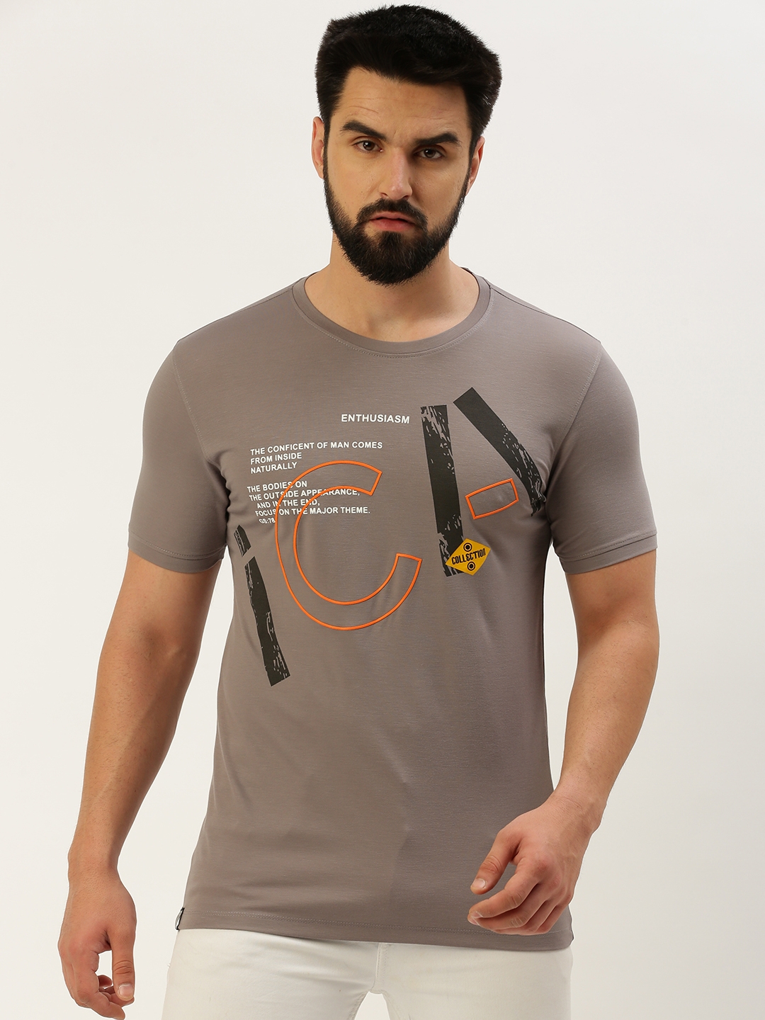 Showoff | SHOWOFF Men's Round Neck Short Sleeves Typography Grey Slim Fit T-Shirt 1