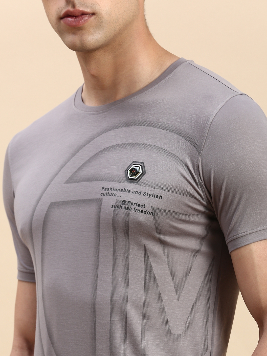 Showoff | SHOWOFF Men's Round Neck Short Sleeves Typography Grey Slim Fit T-Shirt 5