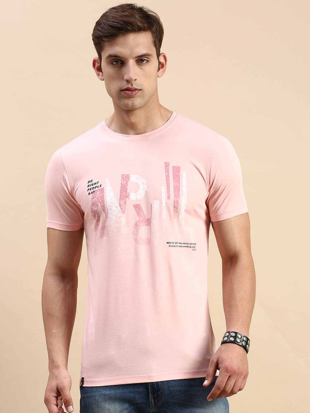Showoff | SHOWOFF Men's Round Neck Short Sleeves Typography Pink Slim Fit T-Shirt 1