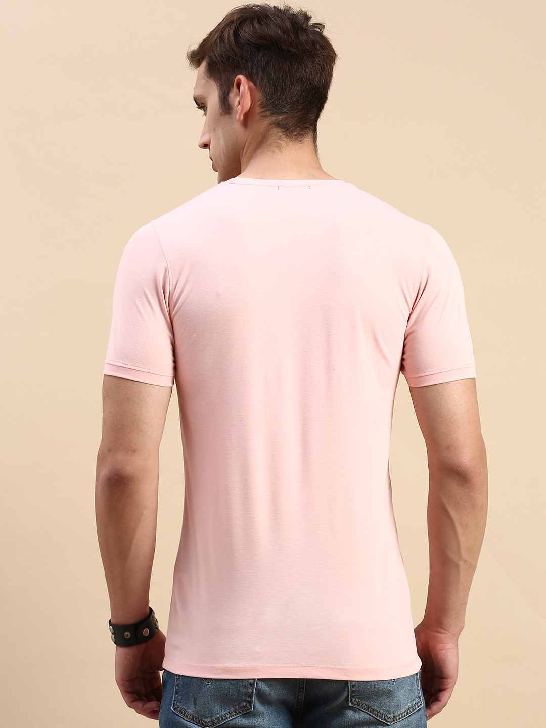 Showoff | SHOWOFF Men's Round Neck Short Sleeves Typography Pink Slim Fit T-Shirt 3