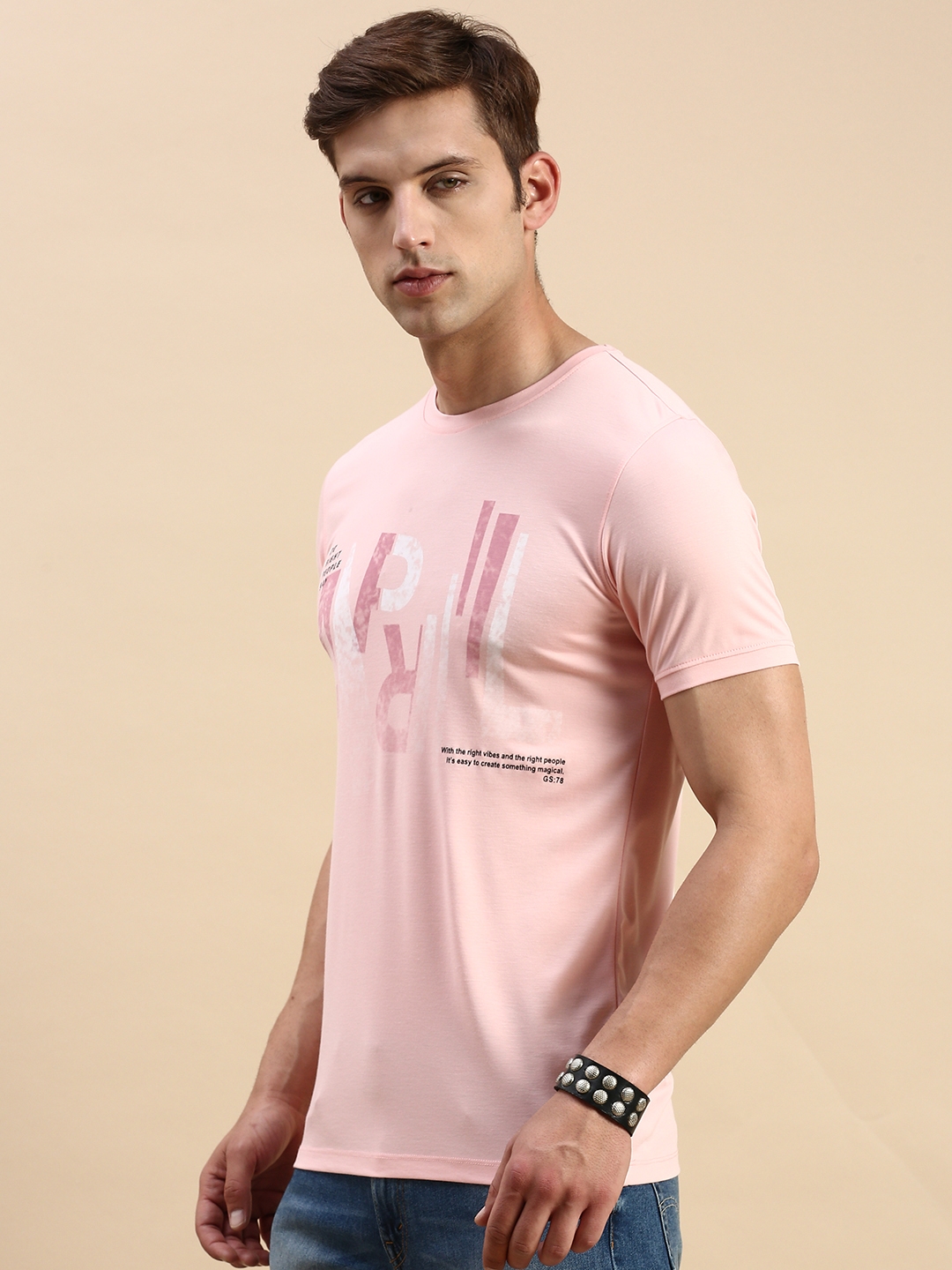 Showoff | SHOWOFF Men's Round Neck Short Sleeves Typography Pink Slim Fit T-Shirt 2