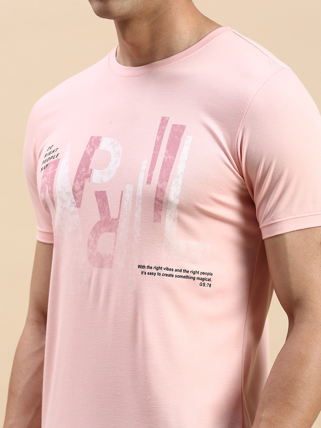 Showoff | SHOWOFF Men's Round Neck Short Sleeves Typography Pink Slim Fit T-Shirt 5