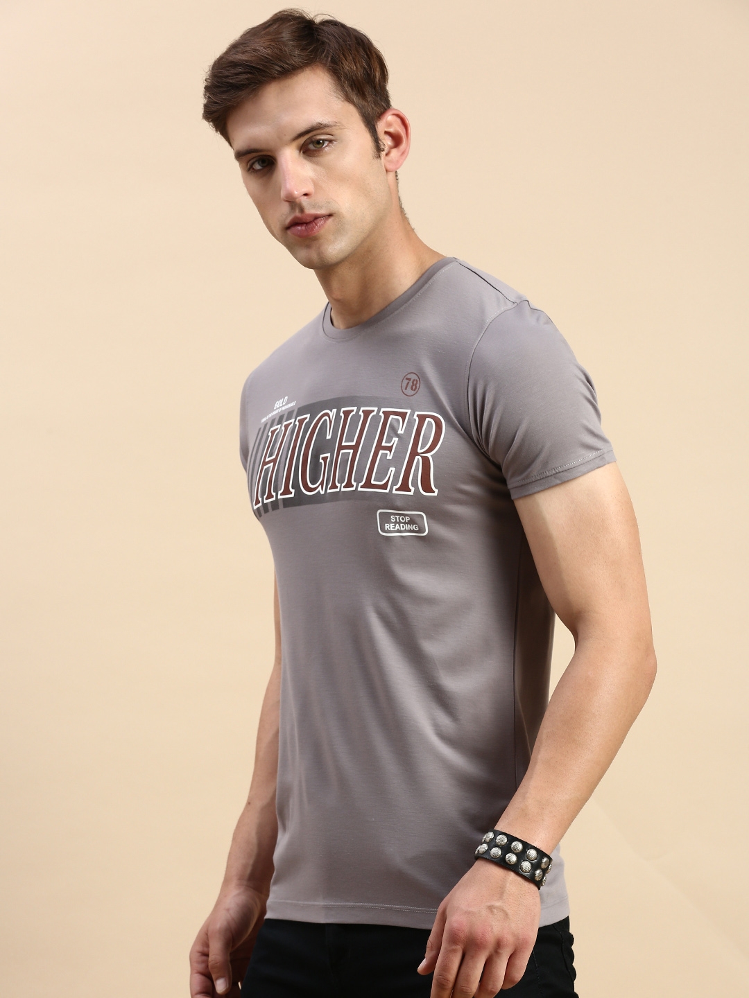 Showoff | SHOWOFF Men's Round Neck Short Sleeves Typography Grey Slim Fit T-Shirt 2