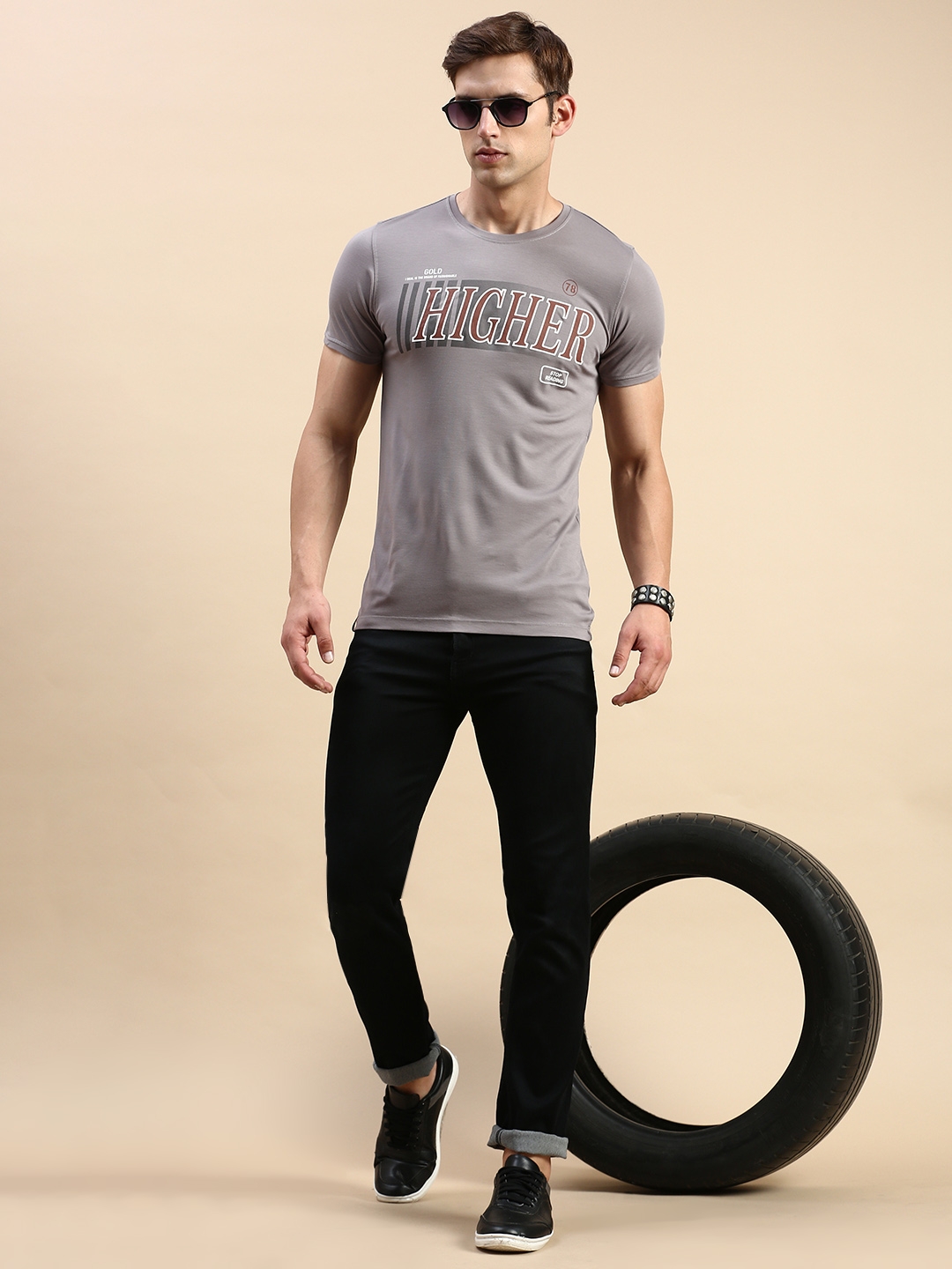 Showoff | SHOWOFF Men's Round Neck Short Sleeves Typography Grey Slim Fit T-Shirt 4